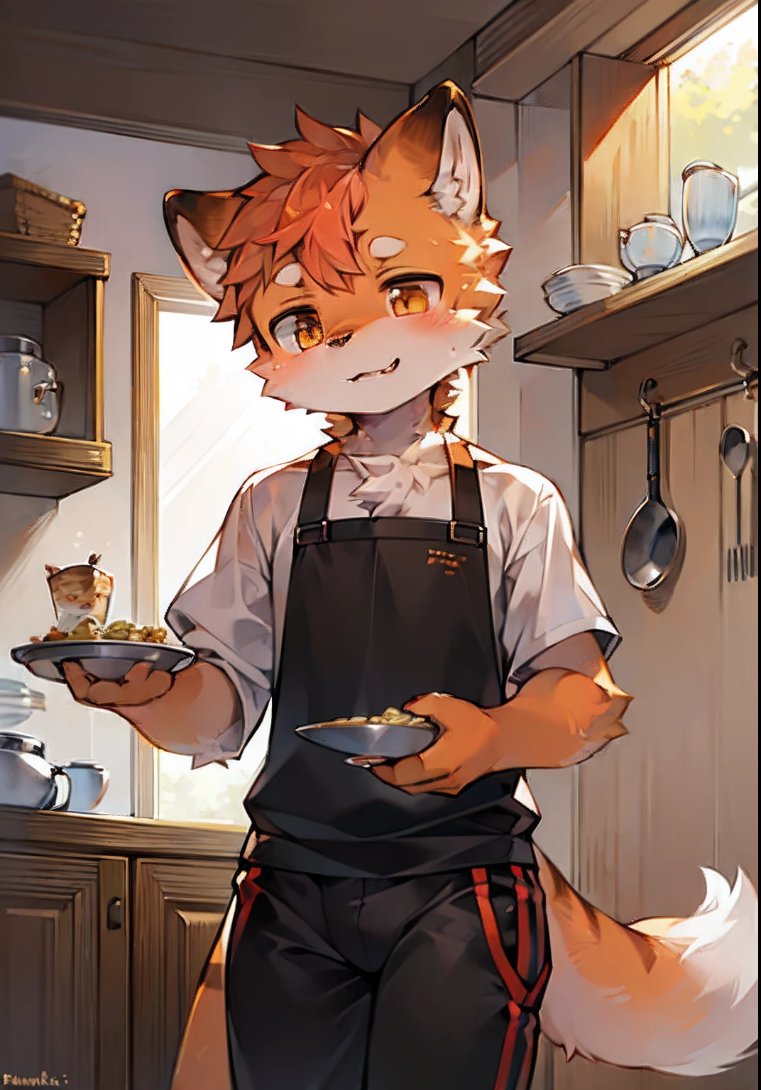 (masterpiece), best quality, perfect face, 2 topless furry shota fox boys, blushed, topless, apron, serving, navel, lined up, café, innocent boy, ribbons, bow tie, restaurant, tugging own apron, furry boys café, fat