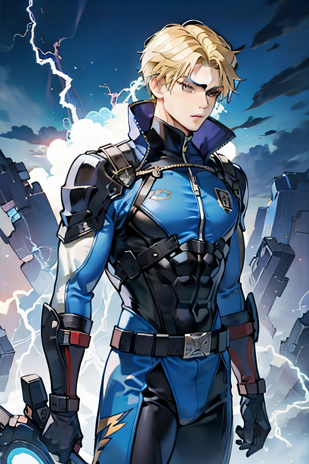 A muscular blonde hero in a blue lightning suit