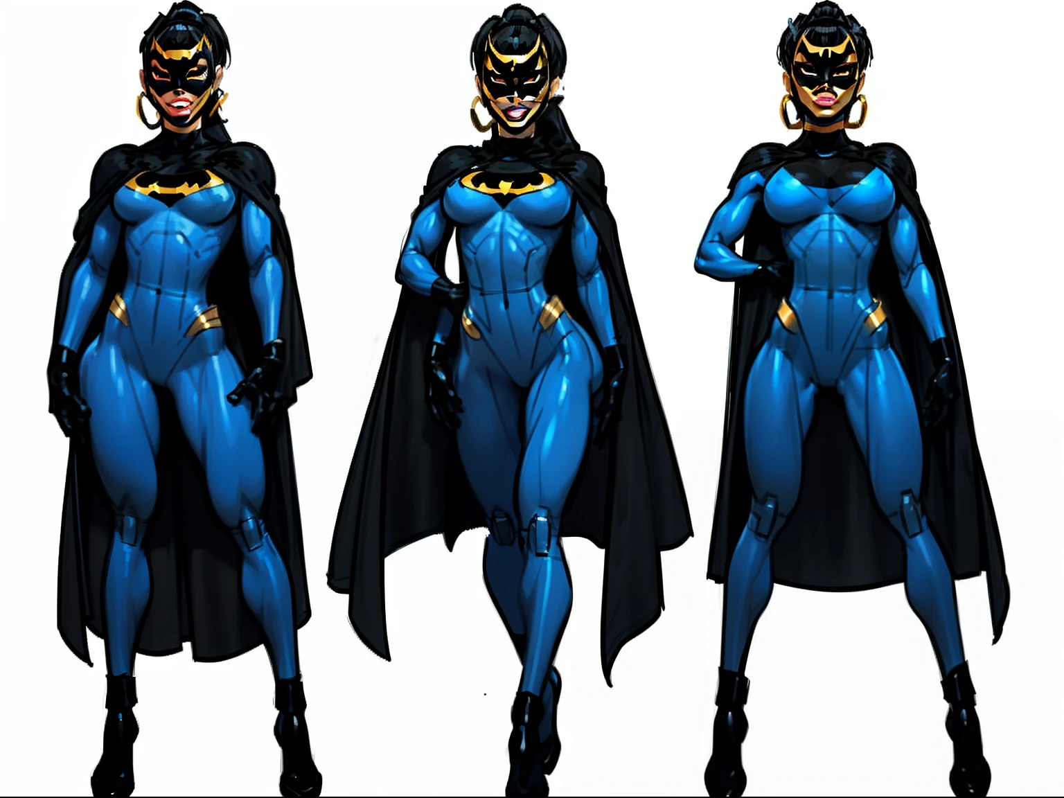((masterpiece)),(((best quality))),((character design sheet)), ((full body view)) illustration,1girl, muscular, ((blue bodysuit:1.5)), (masked face:1.6) (black mask:1.6) superhero, (black ponytail:1.4), (puffy lips:1.6) (black cape:1.4) beautiful woman, (small breasts:1.3)(black legs:1.3)shiny skin, (gold emblem on chest:1.2),scribbles and marks, rough sketches, pose, 8k,16k, (simple background, white background: 1.3)(gigantic breasts:1.0)
