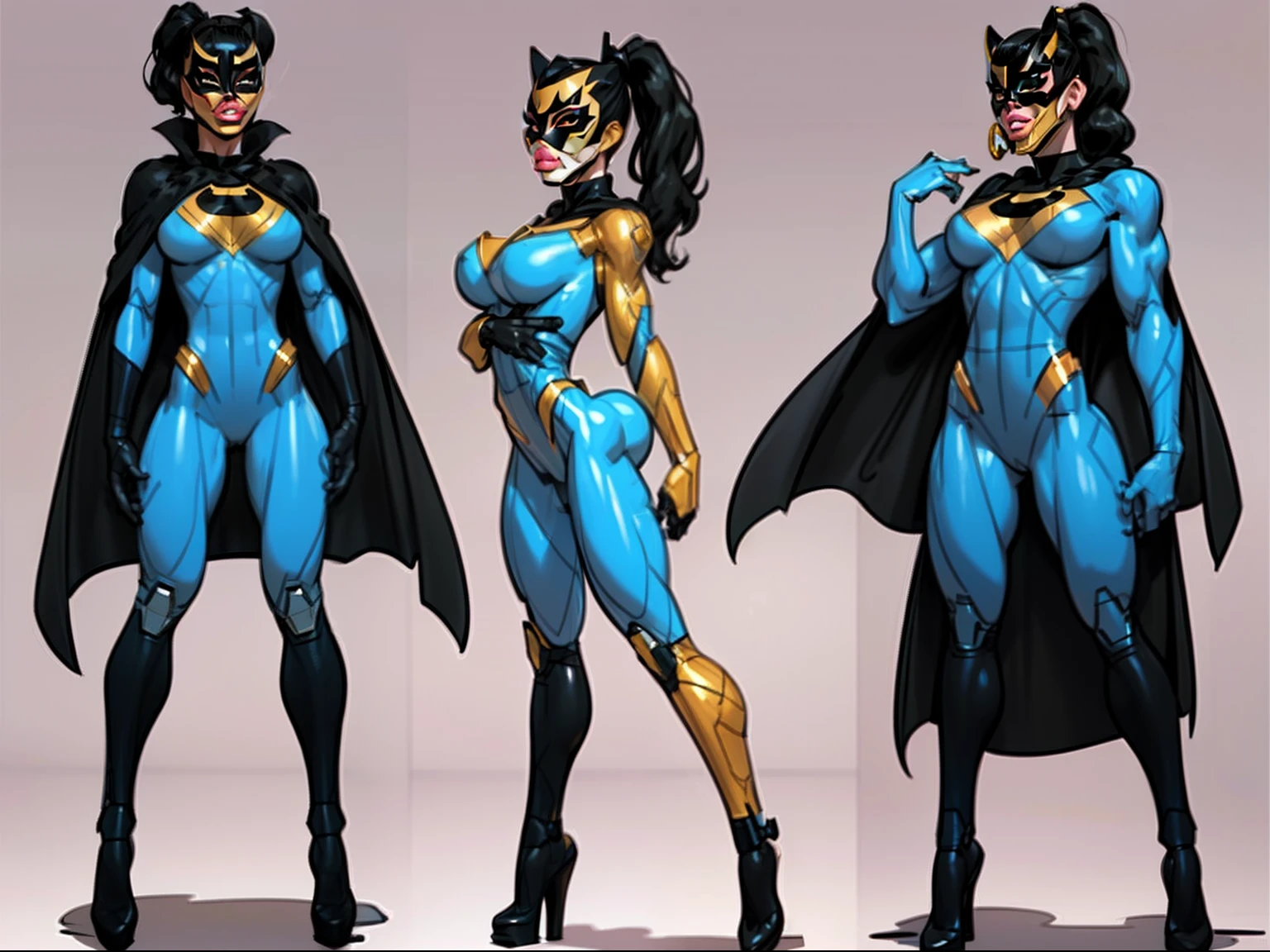 ((masterpiece)),(((best quality))),((character design sheet)), ((full body view)) illustration,1girl, muscular, ((blue bodysuit:1.5)), (masked face:1.6) (black mask:1.6) superhero, (black ponytail:1.4), (puffy lips:1.6) (black cape:1.4) beautiful woman, (small breasts:1.3)(black legs:1.3)shiny skin, (gold emblem on chest:1.2),scribbles and marks, rough sketches, pose, 8k,16k, (simple background, white background: 1.3)(gigantic breasts:1.0)