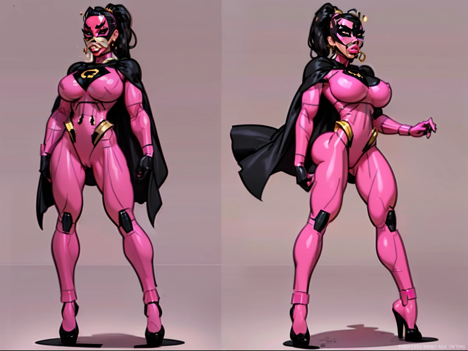 ((masterpiece)),(((best quality))),((character design sheet)), ((full body view)) illustration,1girl, muscular, ((pink bodysuit:1.5)), (masked face:1.6) superhero, (black ponytail:1.4), (puffy lips:1.6) (black cape:1.4) beautiful woman, (small breasts:1.3)(black legs:1.3)shiny skin, (gold emblem on chest:1.2),scribbles and marks, rough sketches, pose, 8k,16k, (simple background, white background: 1.3) (gigantic breasts:1.2)