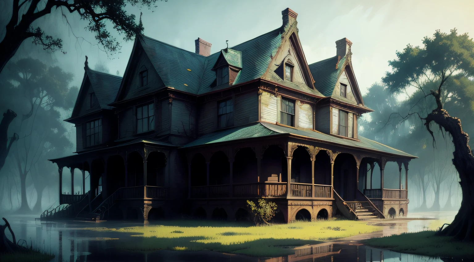 paint, muted colors, blue, red, musg, yellow, old mansion in the swamp, trees, horror, strong colors, art by bernie wrightson, rutkowski, high quality, highres, detail enhancement