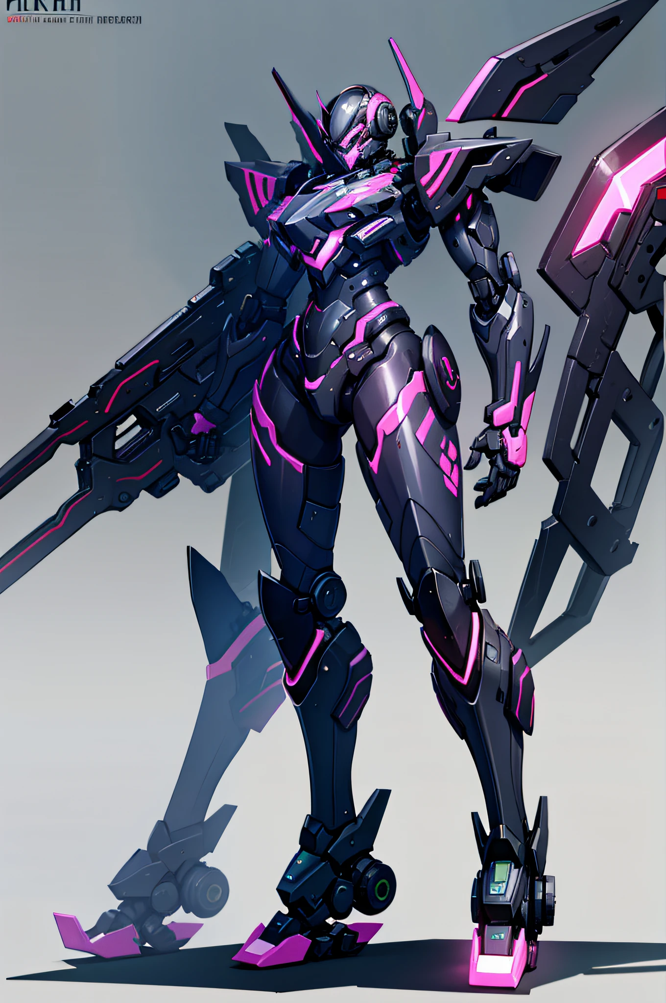 ,big robot,slick ,black mech,pinkish accents,wheels on heel of mech