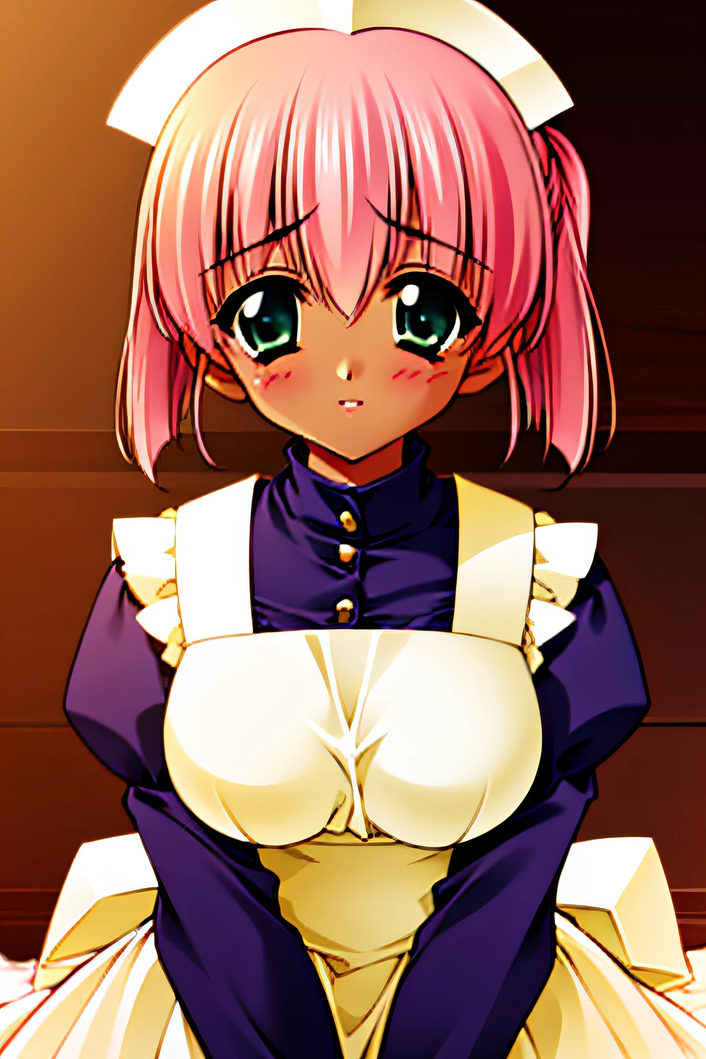 ((masterpiece, high quality, best quality)), (1 girl, solo female), {{light pruple maid outfit}}, {ponytail, pink hair, green eyes}, blush, ((dark skin)), upper body