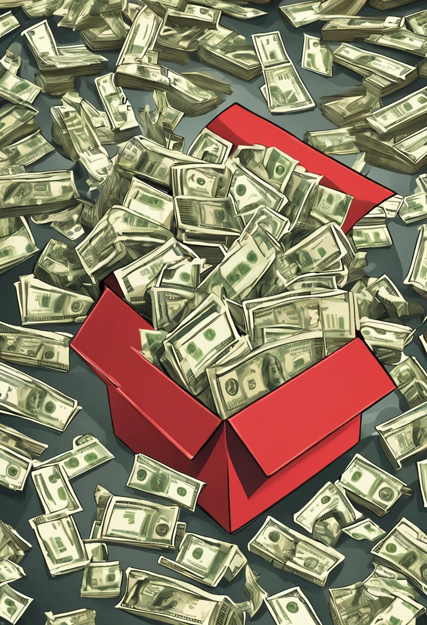 a cardboard box with lots of money coming out of it