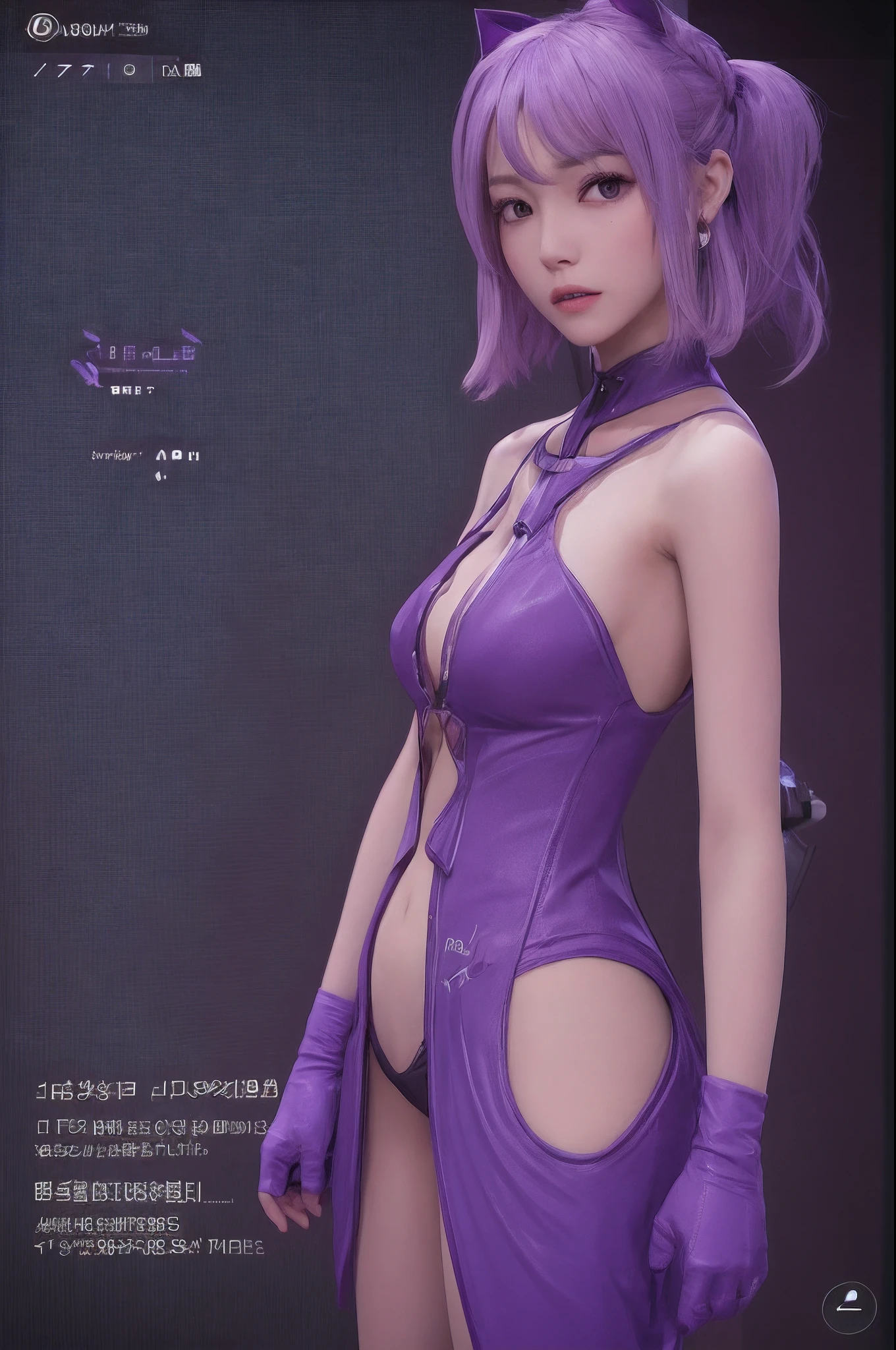 nsfw,a close up of a woman in a purple outfit standing in front of a screen, a screenshot by Josetsu, polycount, process art, pc game with ui, full character, main character, in game, 8 k character details, leaked image, in-game, in - game, inventory item, screencapture, hd screenshot, new character, ingame image