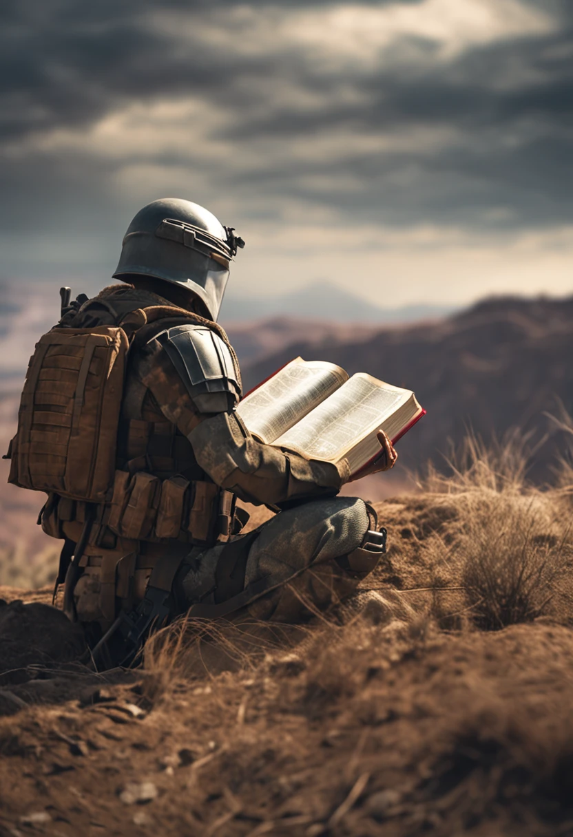 3 imagem soldado com armadura super realista 8k,holding the holy Bible ,Apocalyptic place , pregando o evangelho para as pessoas pobres , priorizar detalhes, Prioritizing biblía