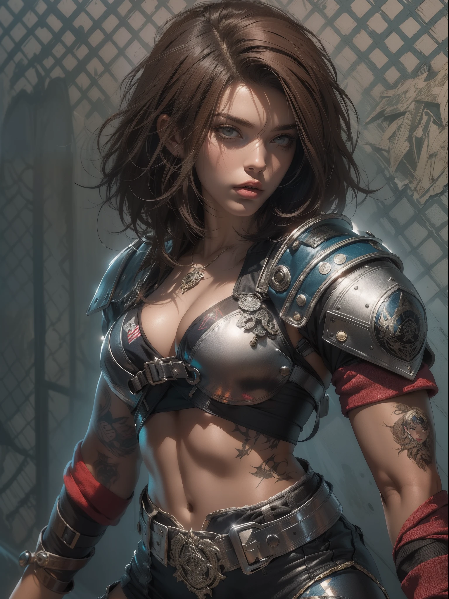 (((mulher))), (((melhor qualidade))), (((obra prima))), (((adulto))), (((1girl))), ((( corte de cabelo bob ))), ((( armadura ))), Uma gladiadora cyberpunk mulher de 25 anos com corpo perfeito, Skull-shaped black metallic pectoral, shoulder pads with metal spines, Gladiadores do Brooklyn, (( corte de cabelo bob )), tiny leather panties, camiseta de time de rugby rasgada, quase nua no estilo selvagem urbano de Simon Bisley para a capa da revista Heavy Metal, Cabelo loiro curto, Minimum clothing, Metal protection on the left arm with intricate graphics, Dark red with white stars and white and navy blue checkerboard pattern, armadura, cheio de pontas e rebites, (((do joelho pra cima))), cabelos loiro branco curto, no fundo uma parede pintada por Shepard Fairey com um design intrincado