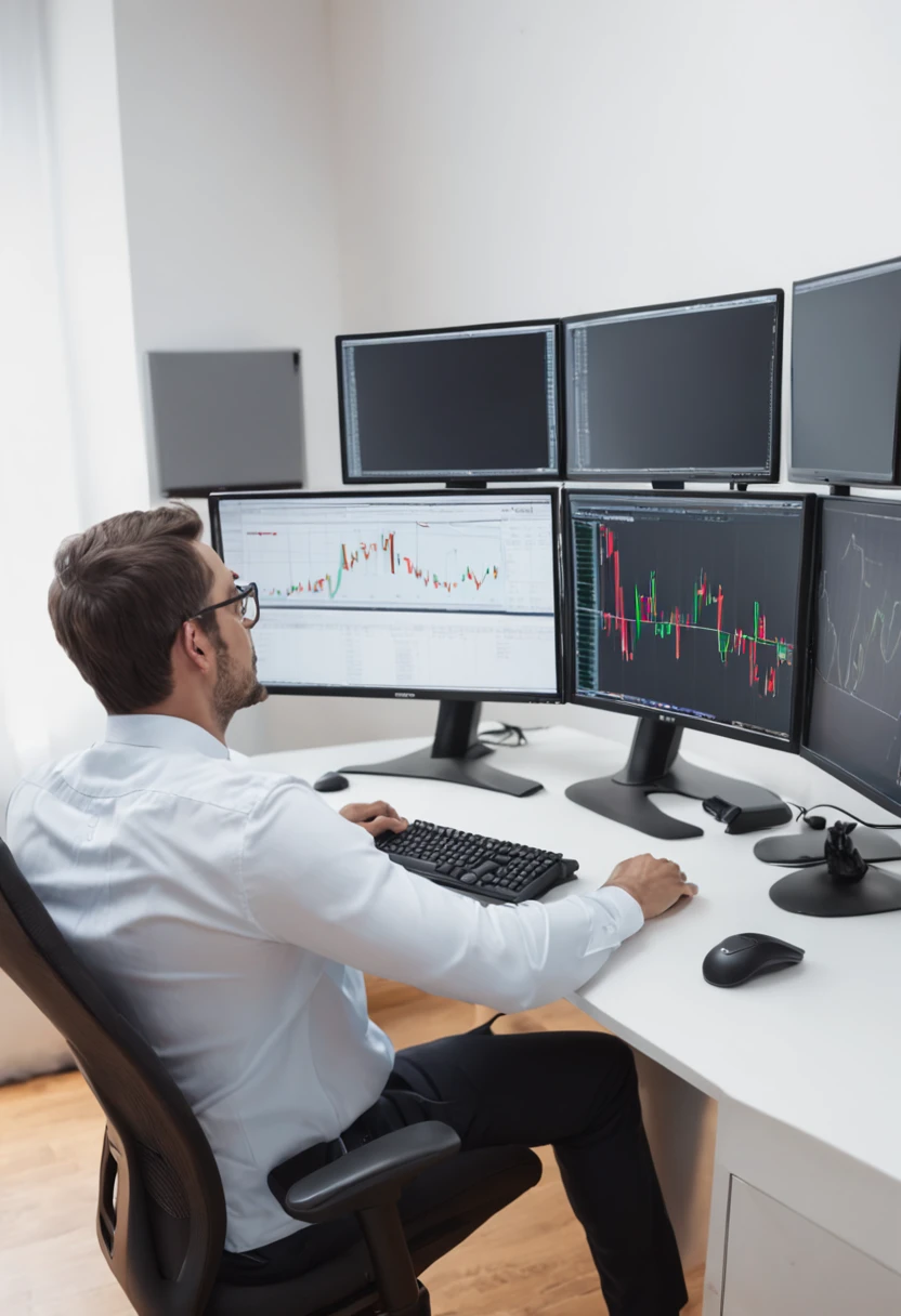 There's a man sitting at a desk with two computer monitors, sentado em um computador, sentado em frente ao computador, olhando para o monitor, displaying stock charts, sentado em uma mesa de computador, na frente de um computador, trading, trading stocks,