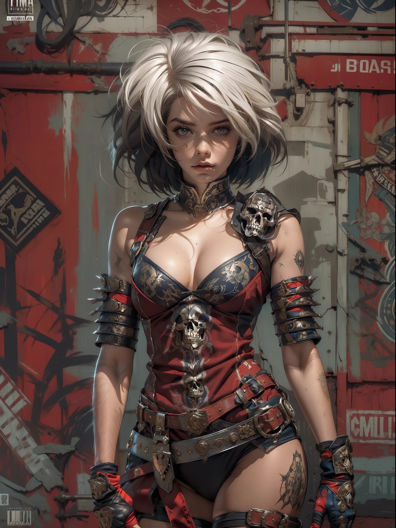 (((mulher))), (((melhor qualidade))), (((obra prima))), (((adulto))), (((1girl))), ((( corte de cabelo bob ))), ((( armadura ))), Uma gladiadora cyberpunk mulher de 25 anos com corpo perfeito, Skull-shaped black metallic pectoral, shoulder pads with metal spines, Gladiadores do Brooklyn, (( corte de cabelo bob )), tiny leather panties, camiseta de time de rugby rasgada, quase nua no estilo selvagem urbano de Simon Bisley para a capa da revista Heavy Metal, Cabelo loiro curto, Minimum clothing, Metal protection on the left arm with intricate graphics, Dark red with white stars and white and navy blue checkerboard pattern, armadura, cheio de pontas e rebites, (((do joelho pra cima))), cabelos loiro branco curto, no fundo uma parede pintada por Shepard Fairey com um design intrincado