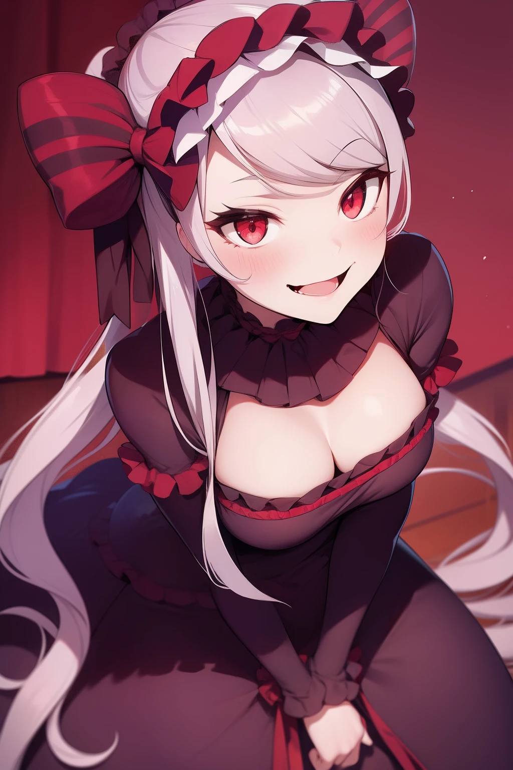 1girl, adapted_costume, bow, commentary_request, disco_brando, dress, fang, fang_out, frilled_dress, frills, gothic_ta, hairband, leaning_forward, loliashion, lolita_hand, long_hair, looking_at_viewer, no_nose, overlord_(maruyama), red_eyes, ribbon-trimmed_clothes, ribbon_trim, shalltear_bloodfallen, short_dress, silver_hair, smile, solo, vampire, very_long_hair