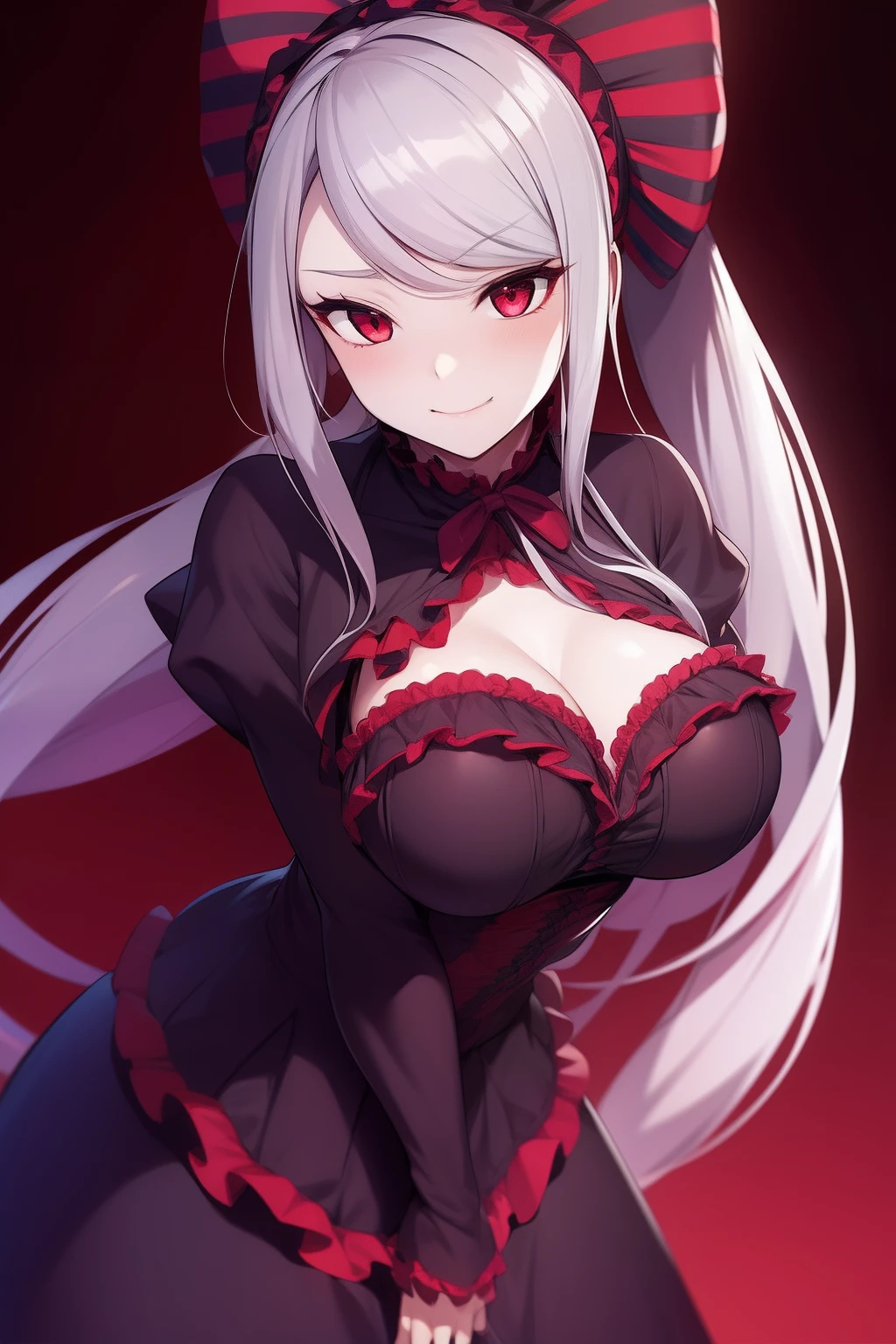 1girl, 3four, blood, bow, breasts, dress, frilled_dress, frills, gothic_****ta, grey_hair, hair_bow, hair_over_one_eye, ****ta_fashion, long_dress, long_hair, medium_breasts, overlord_(maruyama), pale_skin, red_eyes, shalltear_bloodfallen, solo, striped, vampire, vertical_stripes