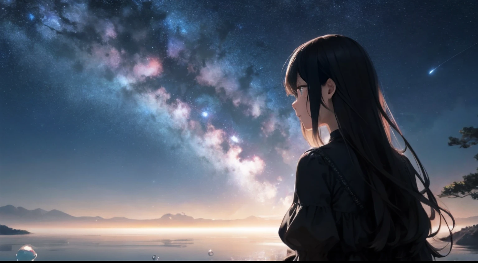Starry sky pictures, (Best Quality), (masutepiece), (Photorealistic), (Realistic), Ultra-detailed, Unity 8k壁纸, extremely details CG, Ray Tracking, sharp shadows, awesome details, depth of fields, hyper detailed background, (Background pointing, Horizon, reflection), (night sky full of stars, A lot of water bubbles are floating):1.4, Quiet night, Midnight, Wide Shot, shot from the grand, Back shot, From below, Perfect Lighting, a panoramic view, dynamic shot, Spreading nature, A devastated civilization, Girls:0.2, Long hair, Black hair, Black Dress, half Sleeves, Back view, meteorite, People are small