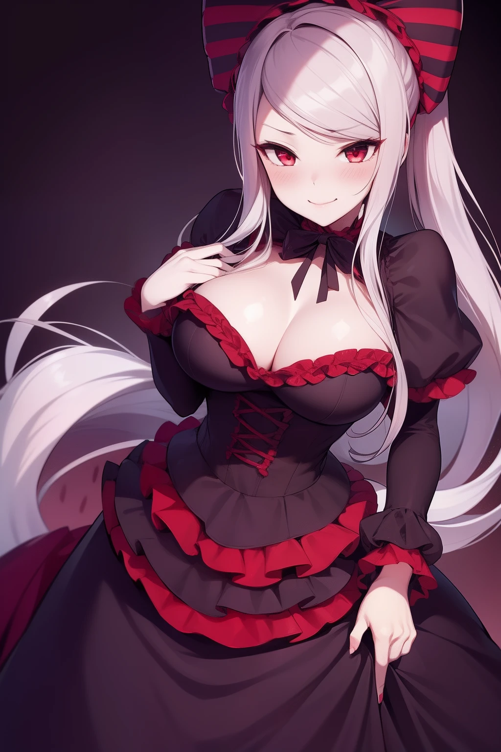 1girl, 3four, blood, bow, breasts, dress, frilled_dress, frills, gothic_lolita, grey_hair, hair_bow, hair_over_one_eye, lolita_fashion, long_dress, long_hair, medium_breasts, overlord_(maruyama), pale_skin, red_eyes, shalltear_bloodfallen, solo, striped, vampire, vertical_stripes