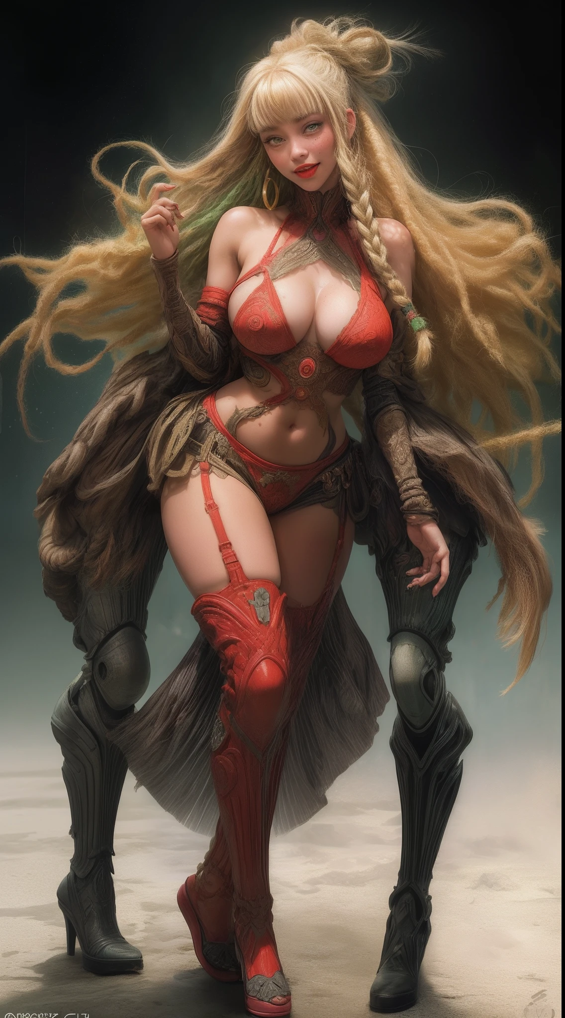 A smiling 25 year old girl, full body view, African American big green eyes full mouth with red lipstick freckles, hair with braids and blonde bangs, intricate details (8k super realistic), full body view, big tits, big breasts, sensual position