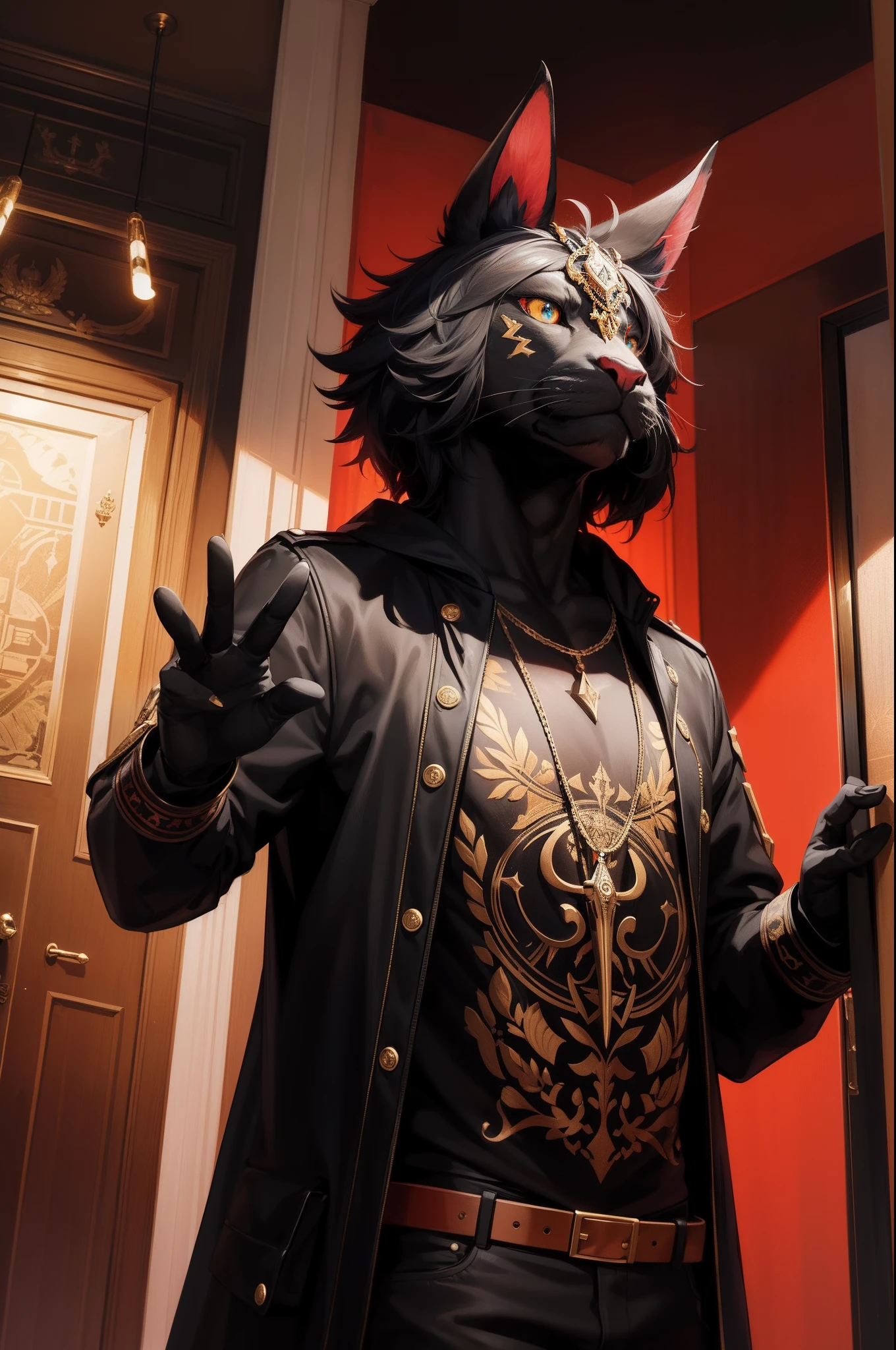 hight resolution , Digitale Kunst , On the obverse, a black and gold male furry anthro, ein anubischer gott, ein Schakal, eine Acrador Mindmachine mit einem fantasy schwert und roten Augen , Hintergrund : Neonlighs und Scifi Hanger mit Raumschiffen , in der Ferne stehen einige schwarz-rote Anthro-Anthro-Schakalsoldaten , Red banners on the walls