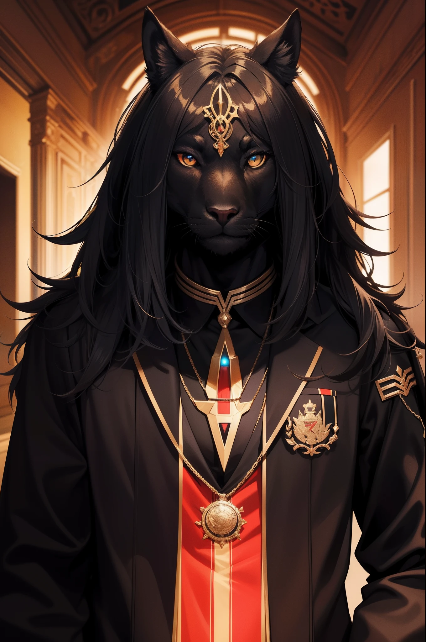 hight resolution , Digitale Kunst , On the obverse, a black and gold male furry anthro, ein anubischer gott, ein Schakal, eine Acrador Mindmachine mit einem fantasy schwert und roten Augen , Hintergrund : Neonlighs und Scifi Hanger mit Raumschiffen , in der Ferne stehen einige schwarz-rote Anthro-Anthro-Schakalsoldaten , Red banners on the walls