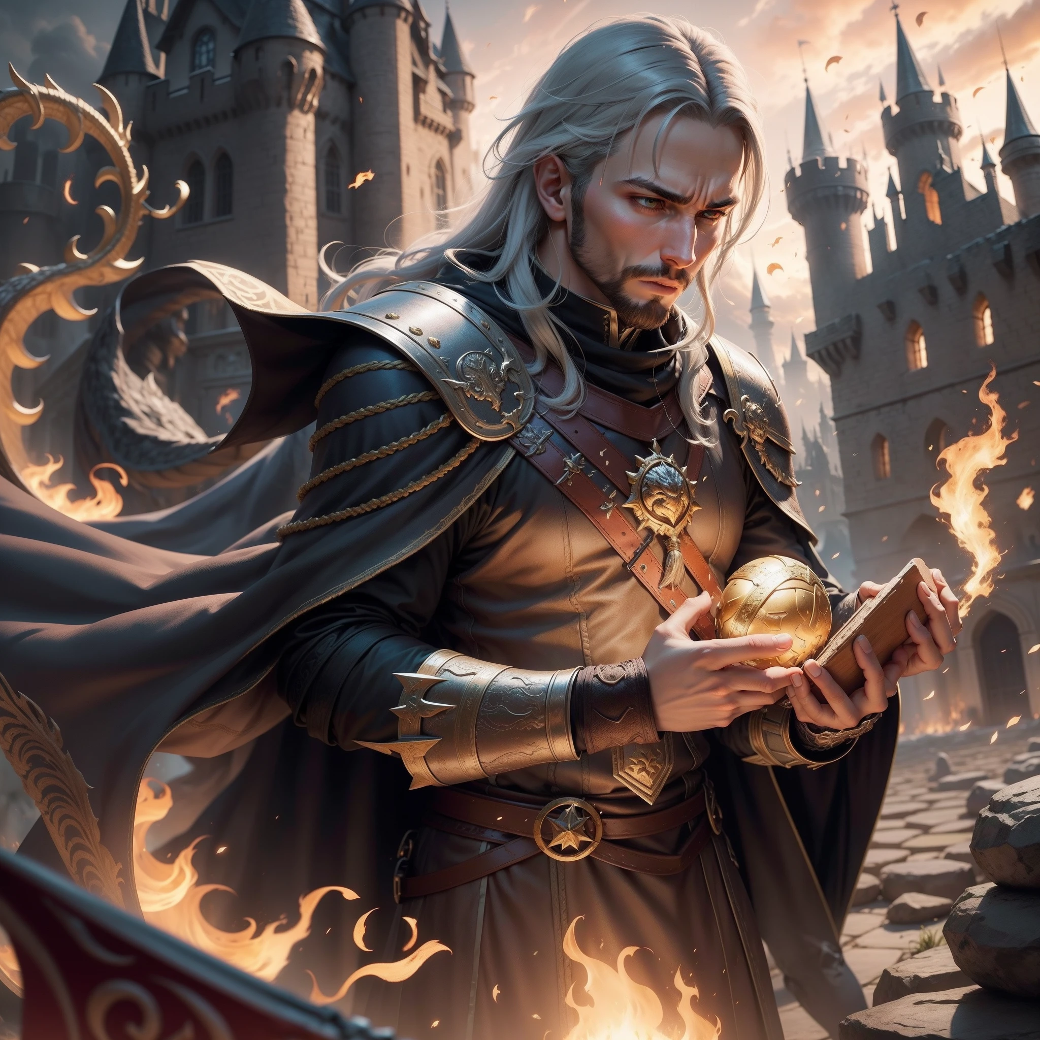 Ferrero de MMORPG trabalhando em espada, curiosos olhando impressionados, a wizard conjuring a spell, um rogue contando o dinheiro, um paladino com armadura pesada sentado meditando, a dragon flying and a giant castle in the background catching fire.