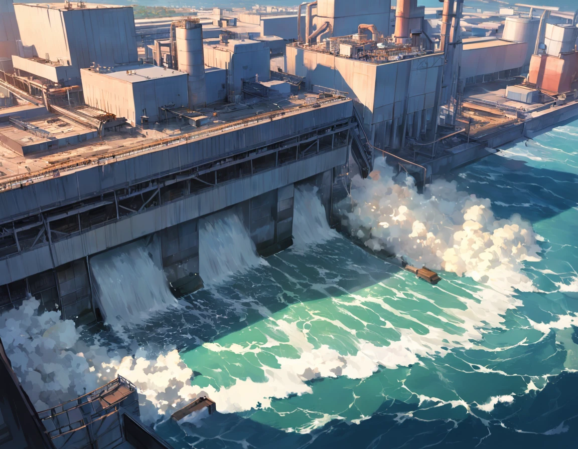 Zona de puerto industrial. Thermoelectric plant dumping industrial waste into the sea. Pulp mill dumping waste into a river. Agroindustrial plant pouring into the river that flows into the sea. Enfasis en los vertidos industriales al agua.
