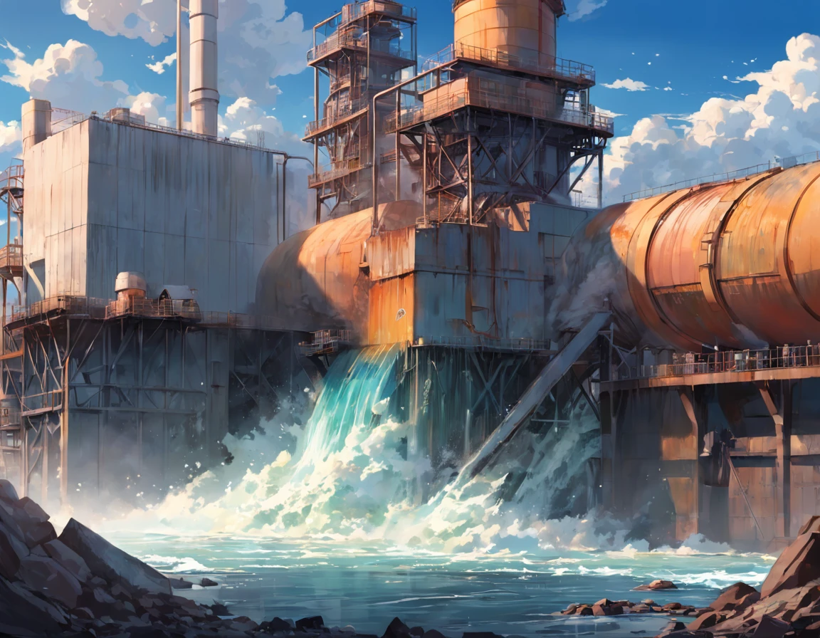 Zona de puerto industrial. Thermoelectric plant dumping industrial waste into the sea. Pulp mill dumping waste into a river. Agroindustrial plant pouring into the river that flows into the sea. Enfasis en los vertidos industriales al agua.