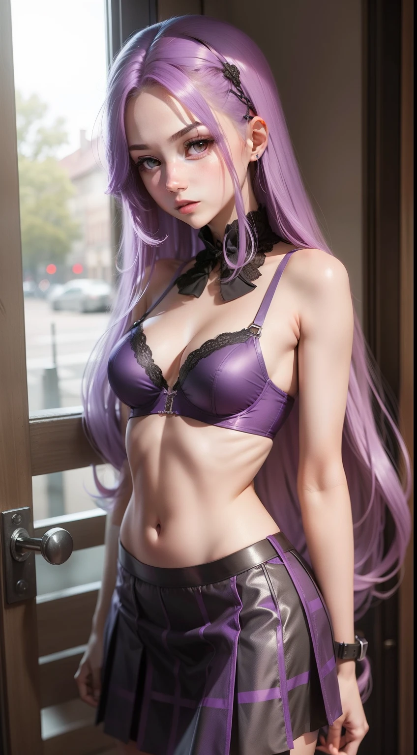 Girl with long purple hair, Slim, pretty, little chest, In a skirt and bra