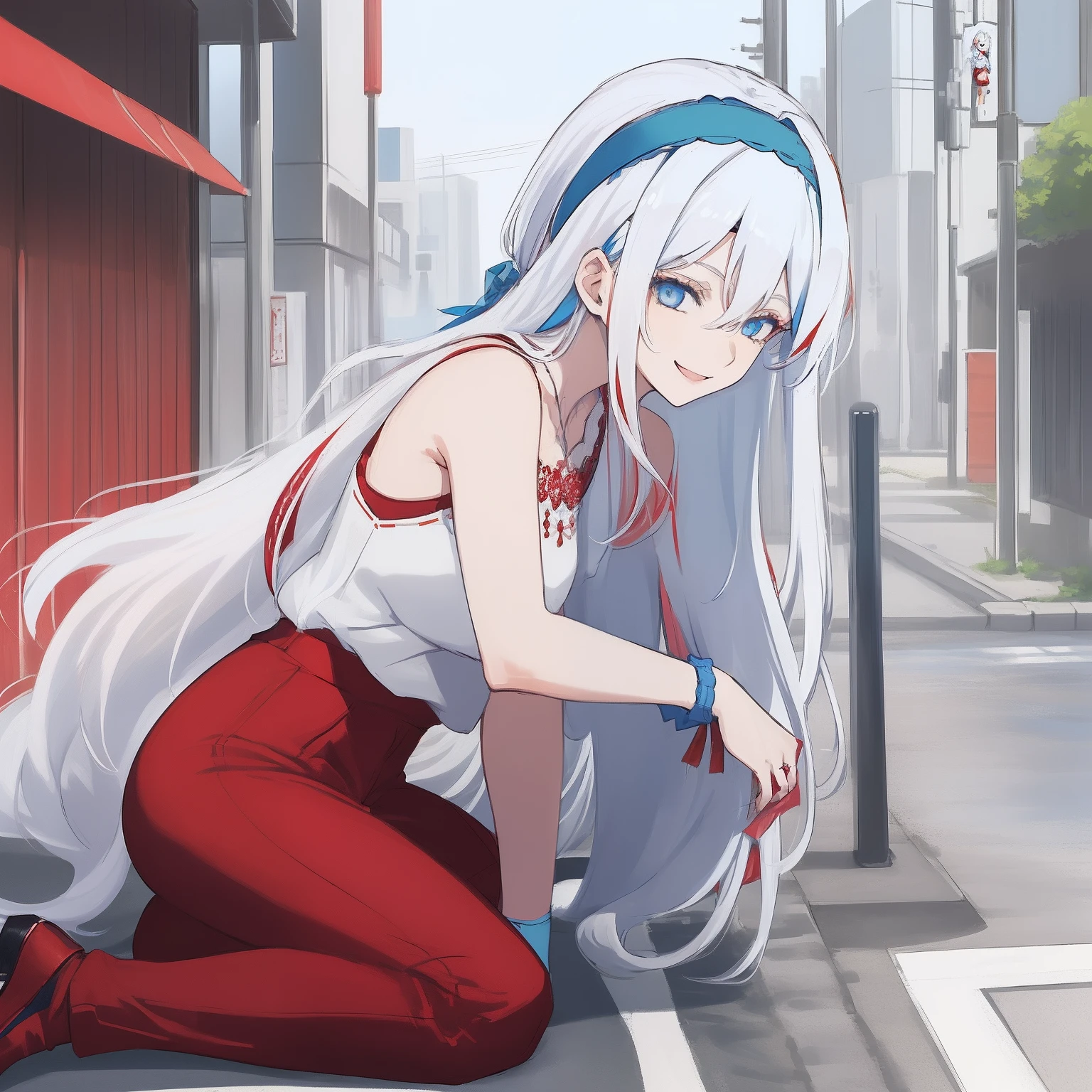 ((((1 woman)))), fullbody, lace top, red necklace, galazzo pants, ((((white hair)))), ((((blue eyes)))), long hair, happy, smile, 18 year old, dynamic angle, ((((blue hairband)))), in the tokyo, road