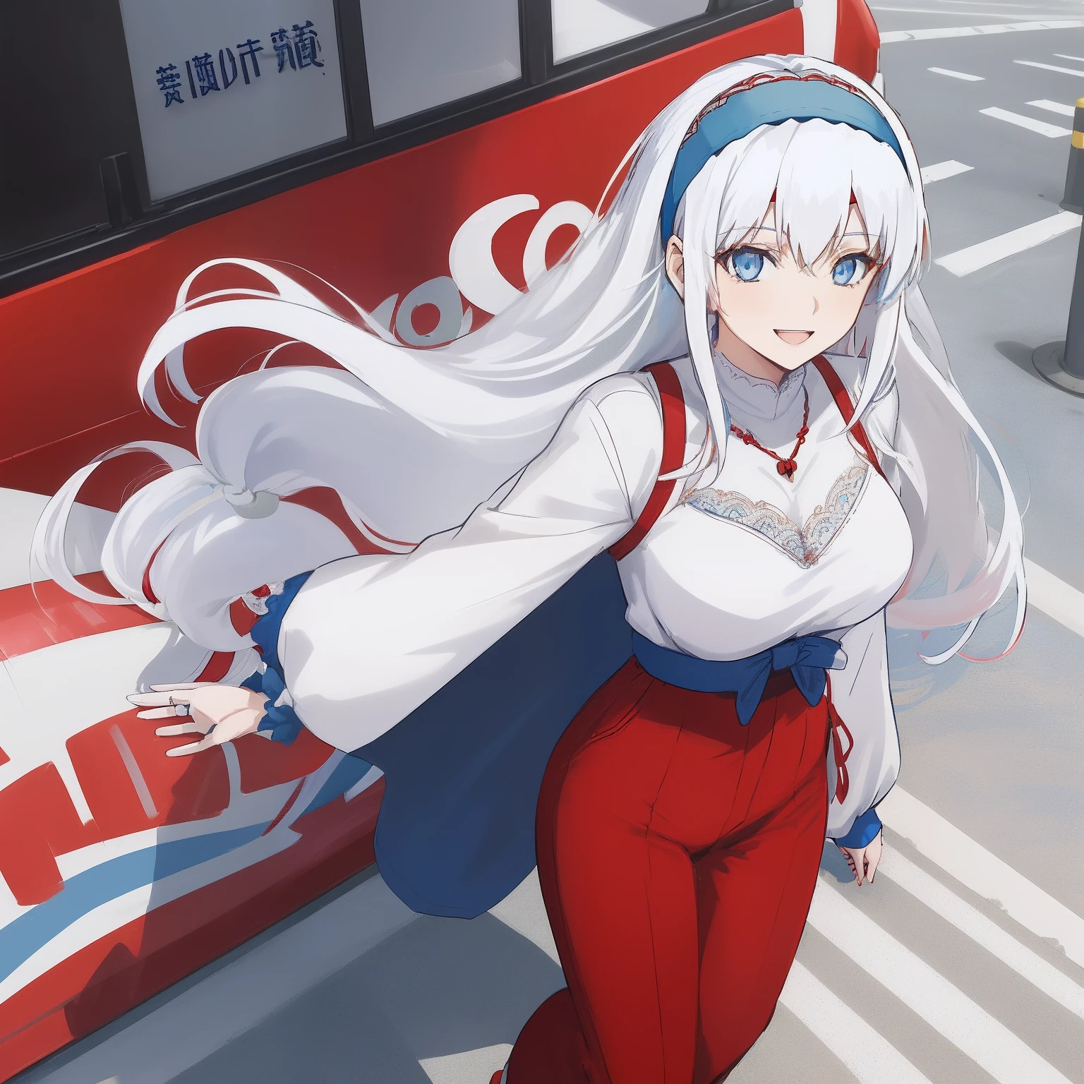 ((((1 woman)))), fullbody, lace top, red necklace, galazzo pants, ((((white hair)))), ((((blue eyes)))), long hair, happy, smile, 18 year old, dynamic angle, ((((blue hairband)))), in the tokyo, road