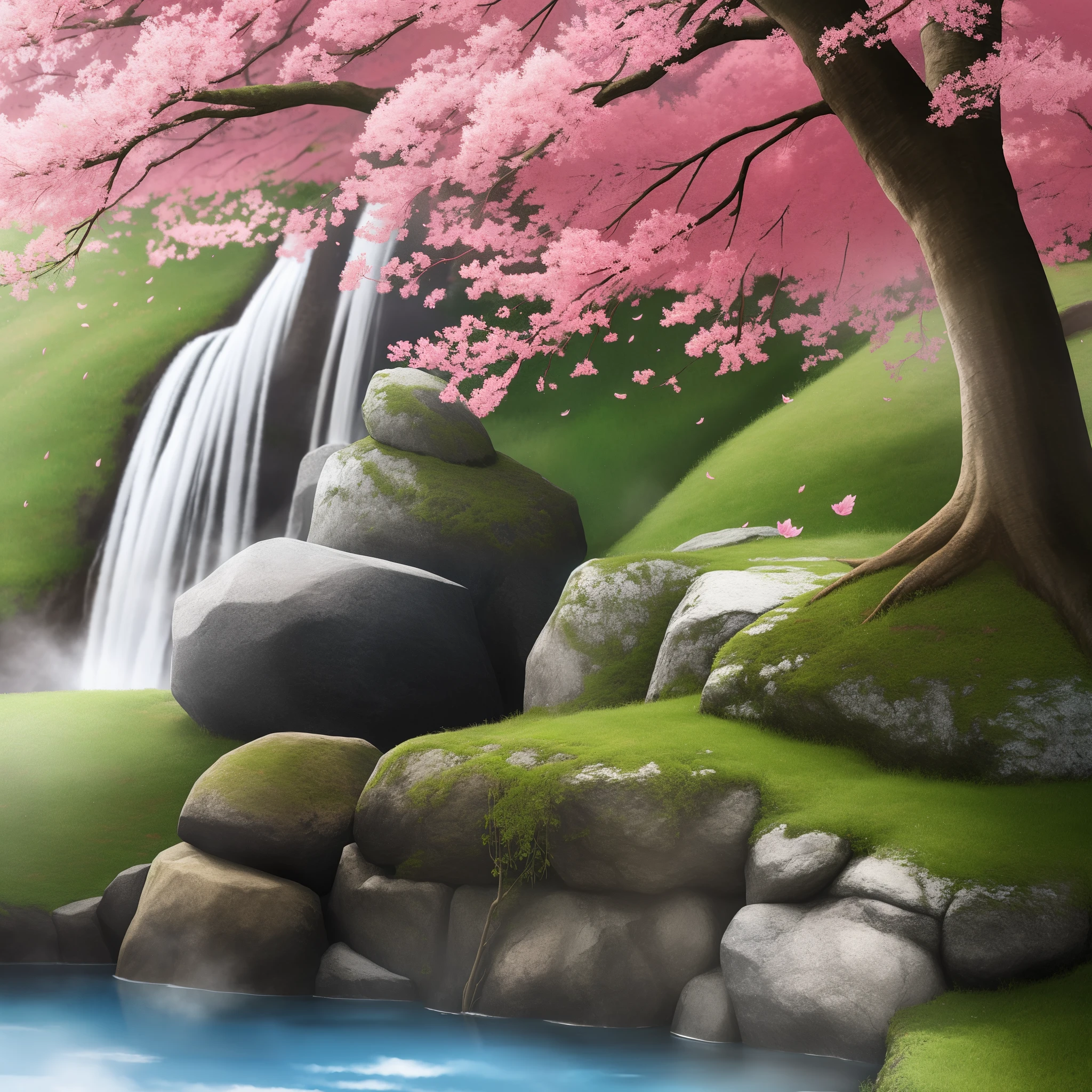 uzumaki_kushina, large_breasts, standing, solo, kushina_green_dress, masterpiece, best quality, detailed face, detailed eyes, highres, smile, happy, cherry blossom trees, onsen,