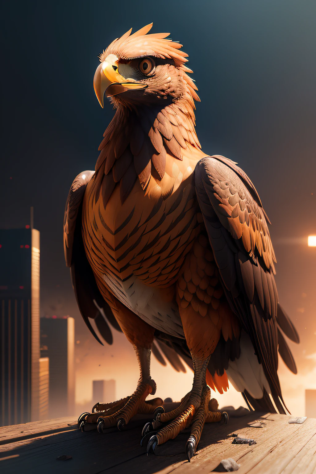 Orange eagle with brown, pequena, vray render, Kawai, sorrir, oculos futurista, cyberpunk