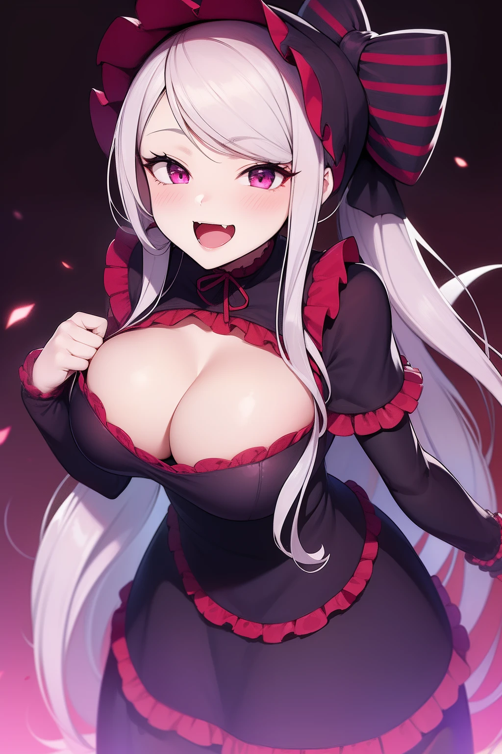 1girl, :d, bonnet, breasts, commentary_request, dress, fang, highres, large_breasts, long_hair, looking_at_viewer, open_mouth, overlord_(maruyama), purple_eyes, shalltear_bloodfallen, silver_hair, smile, solo, tousen