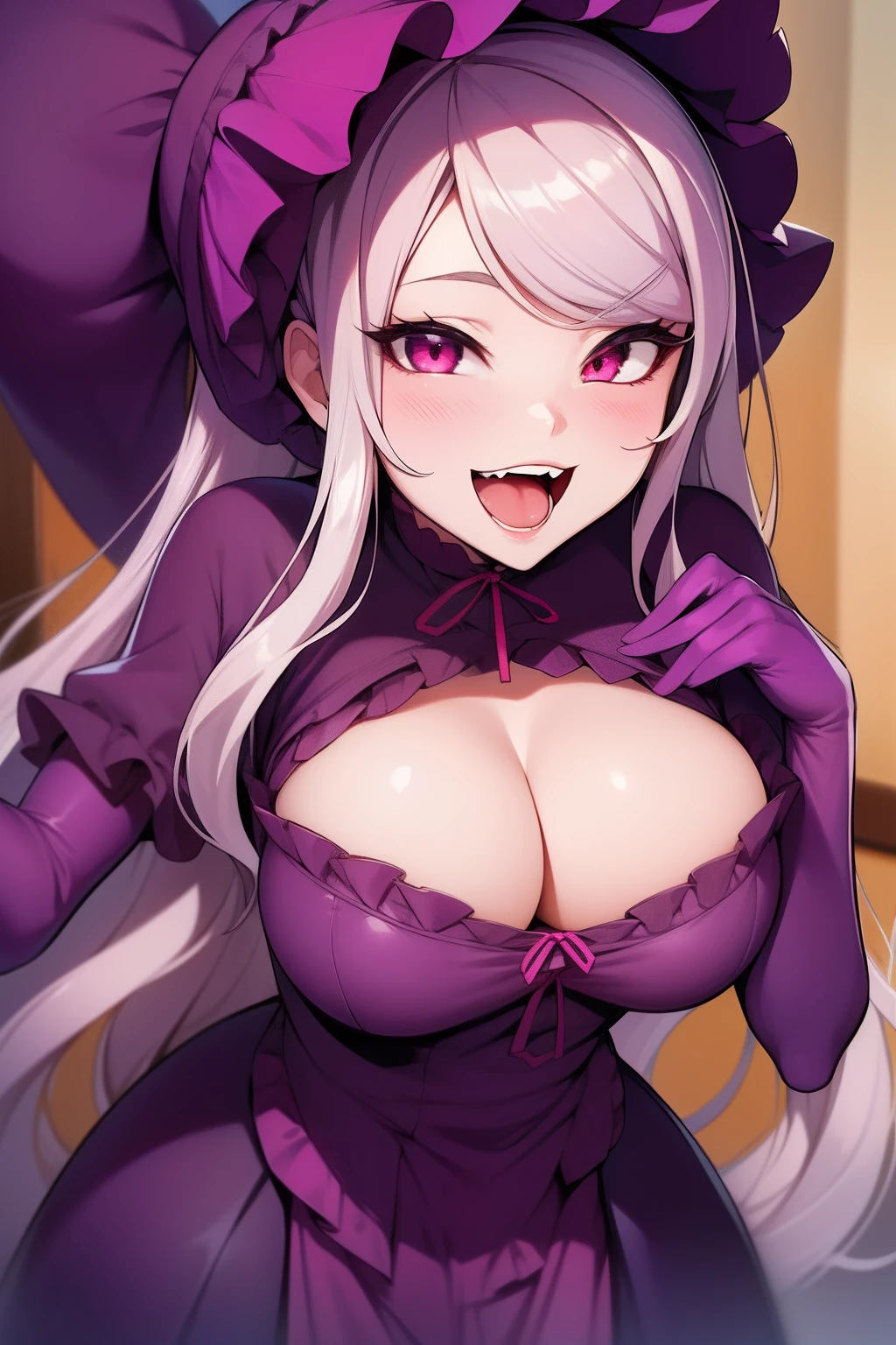 1girl, :d, bonnet, breasts, commentary_request, dress, fang, highres, large_breasts, long_hair, looking_at_viewer, open_mouth, overlord_(maruyama), purple_eyes, shalltear_bloodfallen, silver_hair, smile, solo, tousen