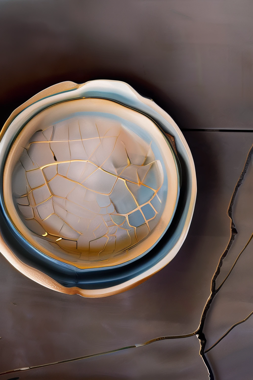 "Random and irregular kintsugi patterns adorning cracked ceramic art, capturing the essence of serendipity. Delicate metallic lines mend fractures haphazardly, creating an unplanned yet captivating design. The interplay of gold and silver infuses the scars with an unexpected charm, forming an unstructured motif. This image embodies the spontaneous beauty of accidentally broken Japanese pottery, celebrating the art of kintsugi."