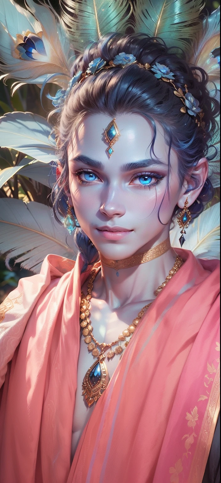 (top quality,8k, masterpiece, ultra realistic),{real anatomy}, Krishn, faintly glowing, ((blue skin)), (((soft smiling expression))), (male), ((man)),head band, jewellery, gold necklace, gold earrings, peacock feather head band, parted hair, pink lips, soft big eyes,((big eyes)), {playing flute, soft facial expression, (faintly glowing blue skin), faint blue skin, male,((black iris)), Village background, greenery in background, ((day time))