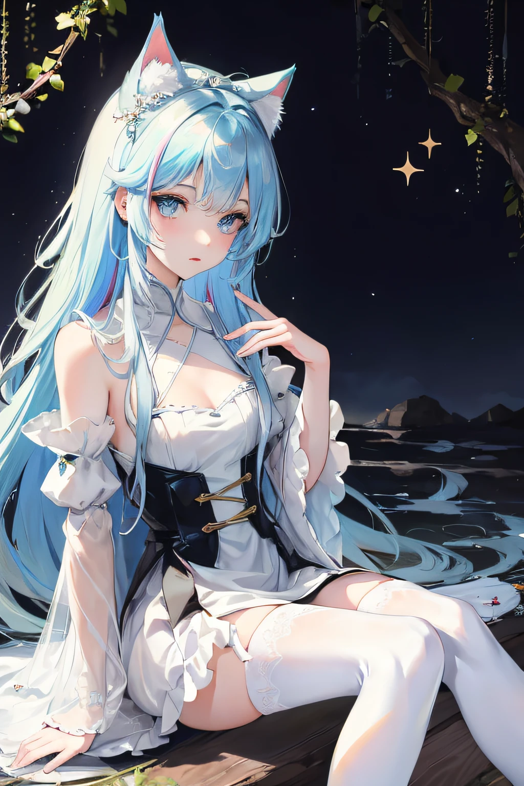 ,Anime Beautiful Girl,Delicate and beautiful multicolored hair,Delicate and beautiful eyes and face,Wearing cat ears on his head,(Wearing a princess dress and white stockings),(mischievous expression),(sitting on a rook),realisticlying,ultra - detailed,a beauty girl,Glowing white particles,(sidelighting:1.2),slenderness,Long straight hair,Dynamic hair,Long straight hair,glow blue eyes,hair adornments,epic landscapes,