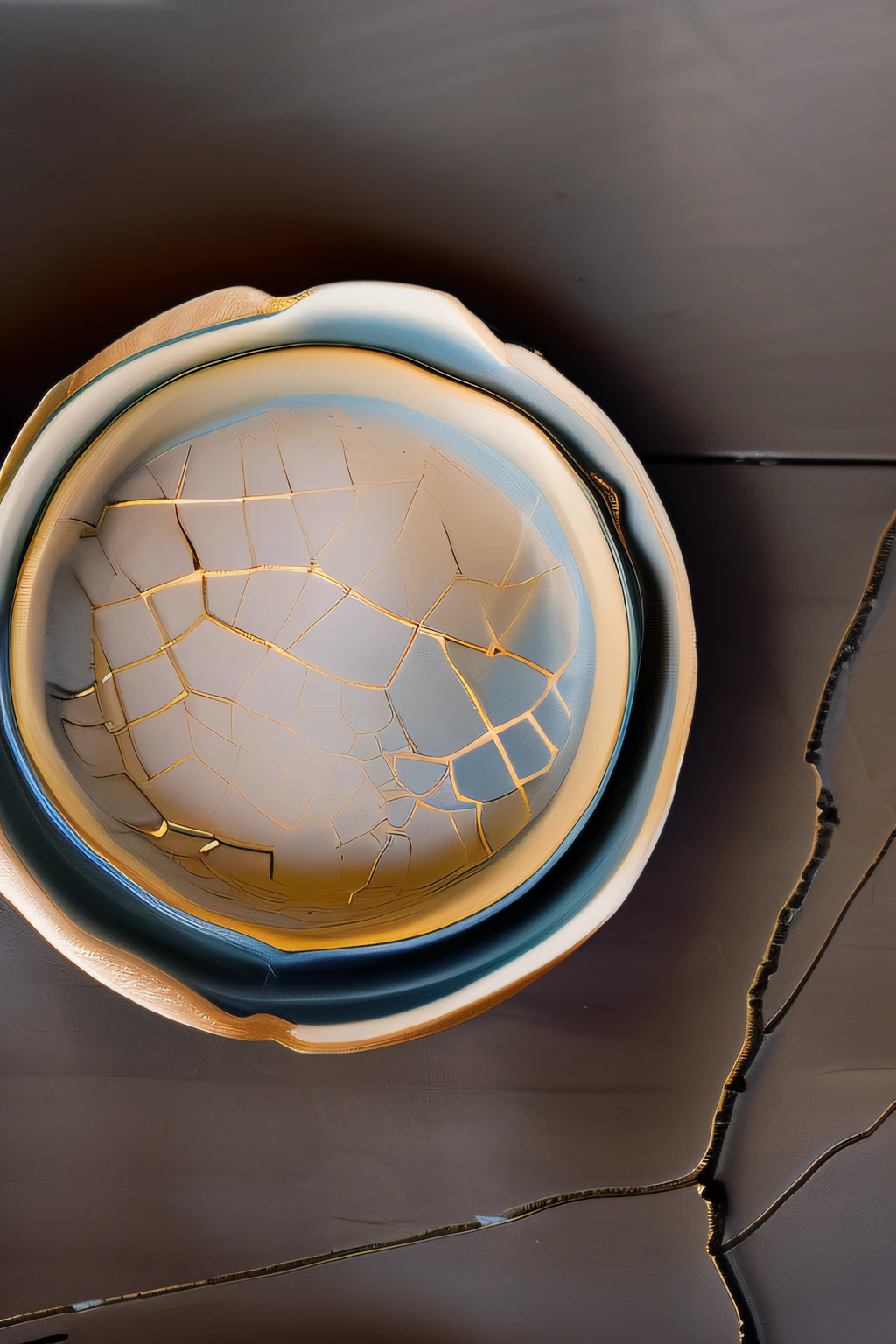 "Random and irregular kintsugi patterns adorning cracked ceramic art, capturing the essence of serendipity. Delicate metallic lines mend fractures haphazardly, creating an unplanned yet captivating design. The interplay of gold and silver infuses the scars with an unexpected charm, forming an unstructured motif. This image embodies the spontaneous beauty of accidentally broken Japanese pottery, celebrating the art of kintsugi."