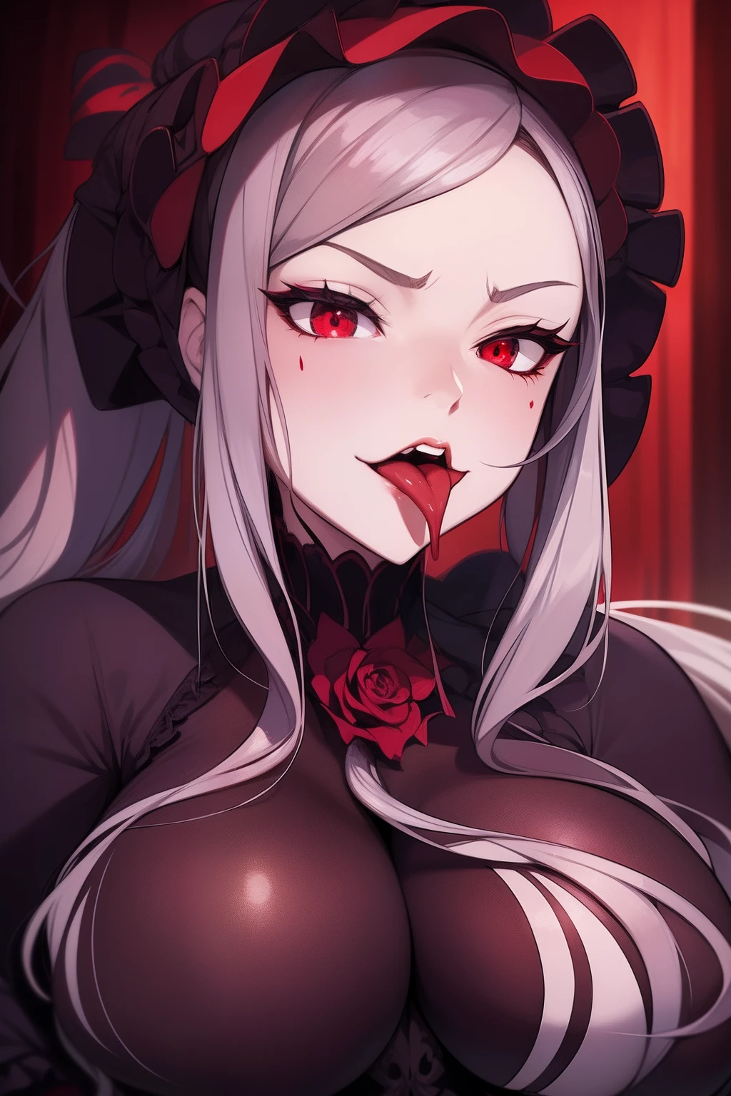 "An exceptional masterpiece featuring Shalltear Bloodfallen from Overlord series. High resolution artwork showcasing her striking beauty with silver hair, intense red eyes, and a seductive tongue out expression. The artwork captures the thrilling atmosphere and adds a touch of mystery with blood on her face. Official artwork by So-Bin. Stunning solo portrait of the vampire character."