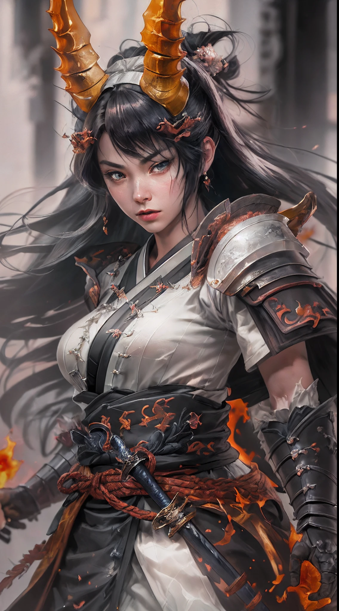 there is an illustration of a woman samurai fighting a red skinned demon in the streets at night. A Japanese woman samurai, a female warrior, ultra detailed face (best details, Masterpiece, best quality: 1.5), ultra feminine, exquisitely beautiful pale skin, long hair, black hair, dynamic eyes color, armed with a katana (best details, Masterpiece, best quality: 1.5), shinning sword (best details, Masterpiece, best quality: 1.3) wearing armor. BREAK  a [demon] (best details, Masterpiece, best quality: 1.4), red skinned (best details, Masterpiece, best quality: 1.5), black eyes, black mane, bat wings (best details, Masterpiece, best quality: 1.5), horns, big horns, armed with a long blade covered in flames (best details, Masterpiece, best quality: 1.5), covered in red fire. medieval Japanese street (best details, Masterpiece, best quality: 1.4) background, night time, moon light, street lamp light, Ultra-Wide Angle, high detail, award winning, best quality, HD, 16K, 3D rendering, high details, best quality, highres, ultra wide angle, 3D rendering, photorealistic, ultra realistic [[anatomically correct]]