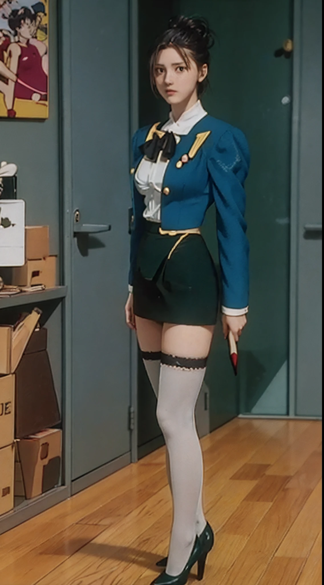 RETRO ARTSTYLE, 1990S (STYLE), masterpiece, best quality, highres, 1girl, yaoyorozu momo, black hair, ponytail, hair pulled back, black eyes, large breasts, jacket, juliet sleeves, ascot, pencil skirt, thighhighs, high heels, standing, indoors, full body