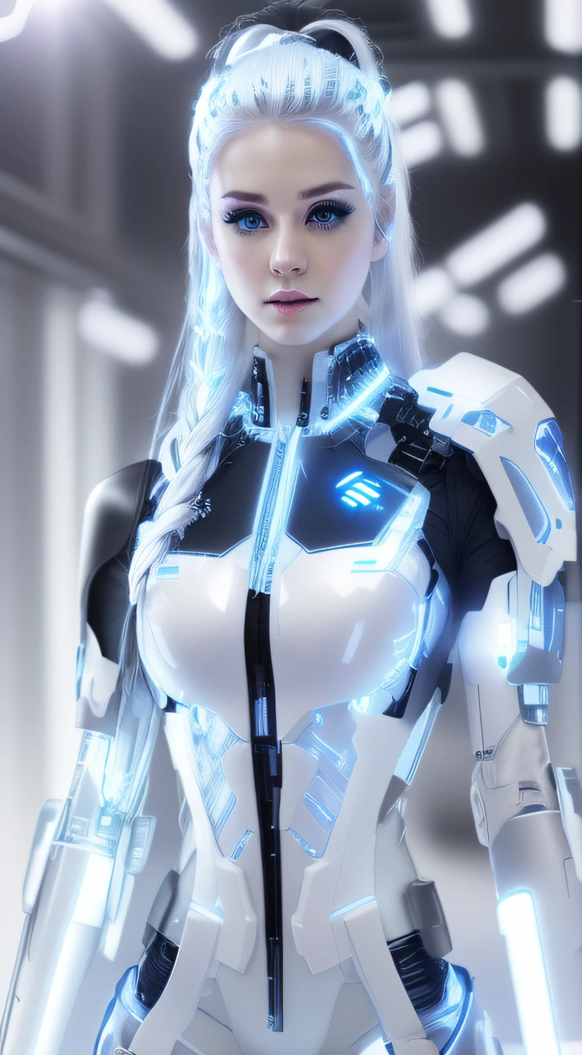 Full body cyber girl ;30 years old with pigtails. beautiful face. Bright white color to show she is a cyber girl with laser rifle. white eyebrows. clothes like catsuit. She also has bright blue eyes. The environment is Terminator type. The hair is platinum. She is illuminated with bright blue color on one side of her face. Led like. And both hands have led light too.