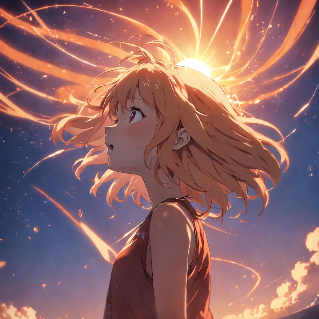 "obra-prima, melhor qualidade, filme ainda, 1garoto jovem loiro de cabelo grande, nuvem garoto, floating into the sky, close-up, brilhante, feliz, Soft lighting and Warm, sun sunset, (Sparks: 0,7)"