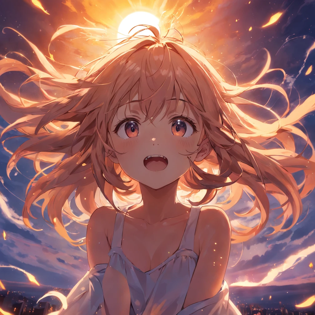 "obra-prima, melhor qualidade, filme ainda, 1garoto jovem loiro de cabelo grande, nuvem garoto, floating into the sky, close-up, brilhante, feliz, Soft lighting and Warm, sun sunset, (Sparks: 0,7)"