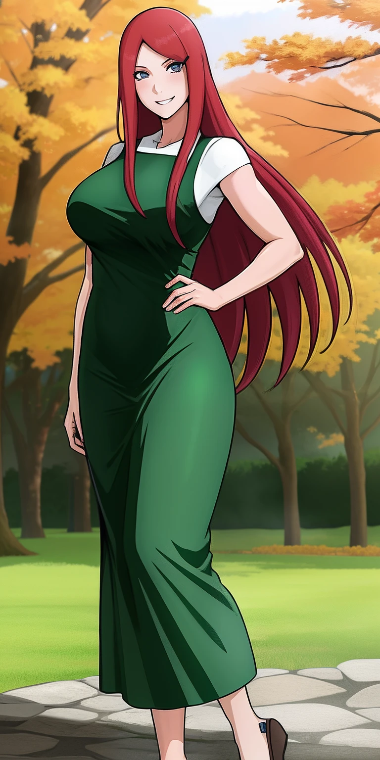 uzumaki_kushina, large_breasts, standing, solo, kushina_green_dress, masterpiece, best quality, detailed face, detailed eyes, highres, smile, onsen, sakura trees,