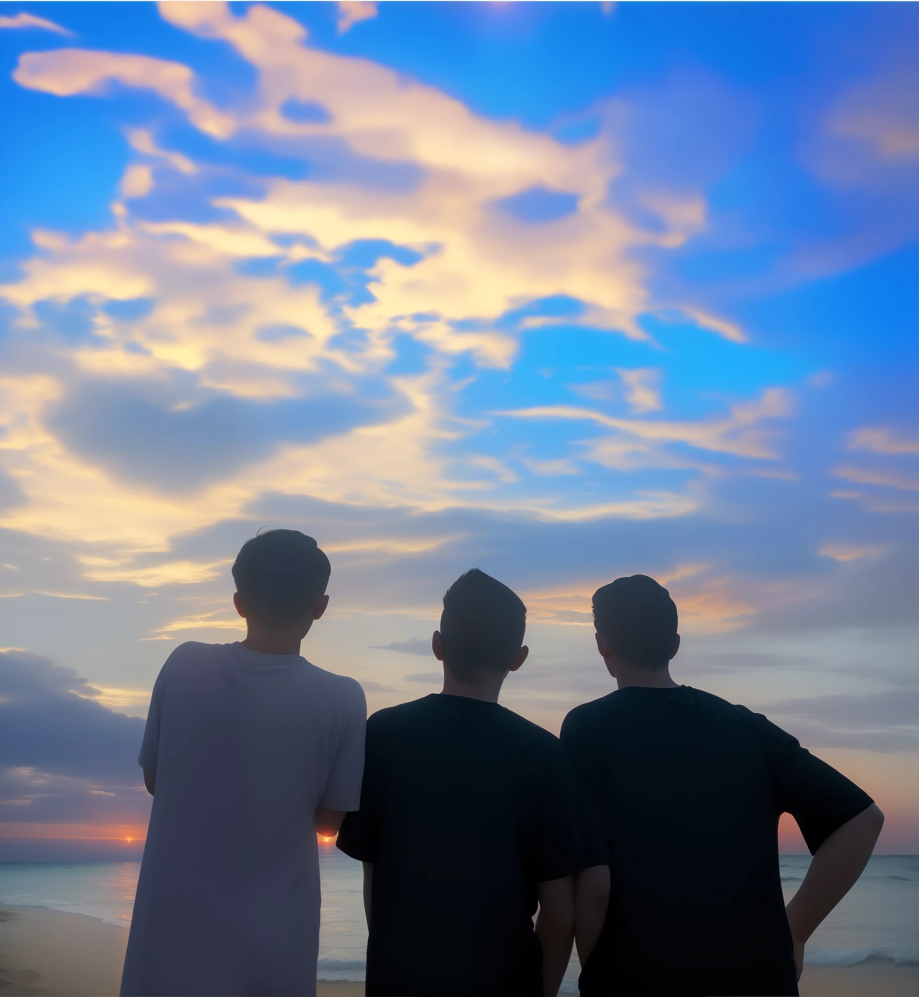 three men standing on a beach looking at the sky, men look up at the sky, looking at sunset, with sunset, watching the sunset, at the sunset, during sunset, gazing off into the horizon, at a beautiful sunset, looking off into the sunset, at sunrise, during a sunset, looking into the horizon, during sunrise