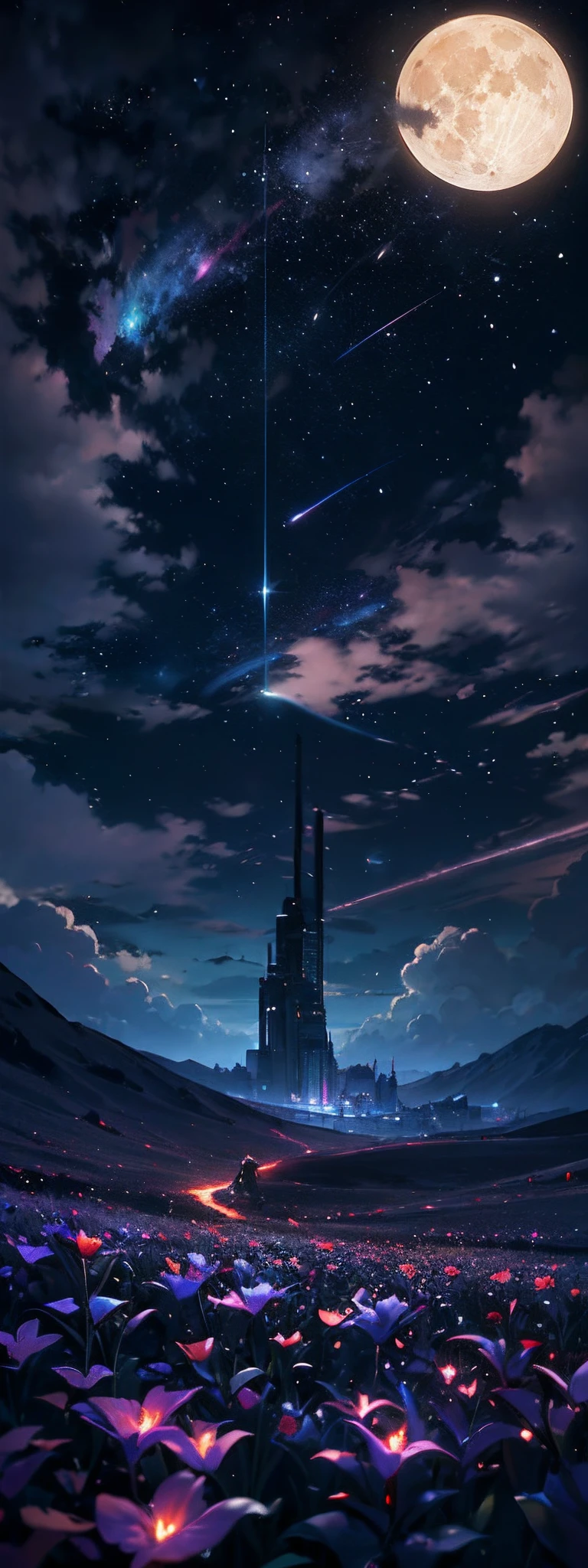 expansive landscape photograph , (a view from below that shows sky above and open field below), a girl standing on flower field looking up, (full moon:1.2), ( shooting stars:0.9), (nebula:1.3), distant mountain, tree BREAK production art, (warm light source:1.2), (Firefly:1.2), lamp, lot of purple and orange, intricate details, volumetric lighting BREAK (masterpiece:1.2), (best quality), 4k, ultra-detailed, (dynamic composition:1.4), highly detailed, colorful details,( iridescent colors:1.2), (glowing lighting, atmospheric lighting), dreamy, magical, (solo:1.2) --auto --s2