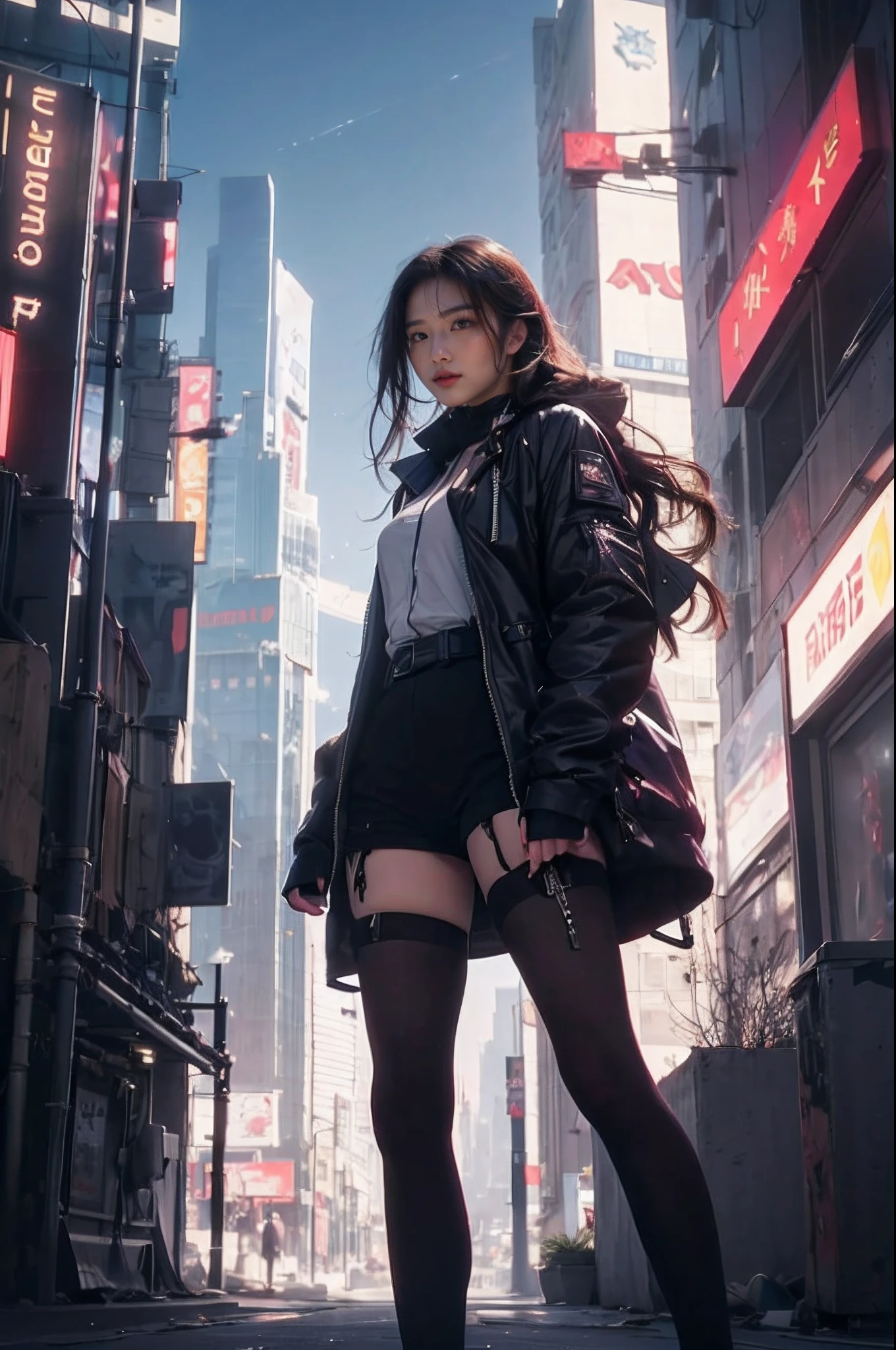 1girl, 8k portrait of beautiful asian girl with mask, asian skin tone, intricate, elegant, realistic depth of field photography, perfect natural lighting (masterpiece, sidelighting, finely detailed beautiful yellow eyes: 1.2), long hair, realistic lots of hair, realistic suit, realistic human face, realistic cyber city background