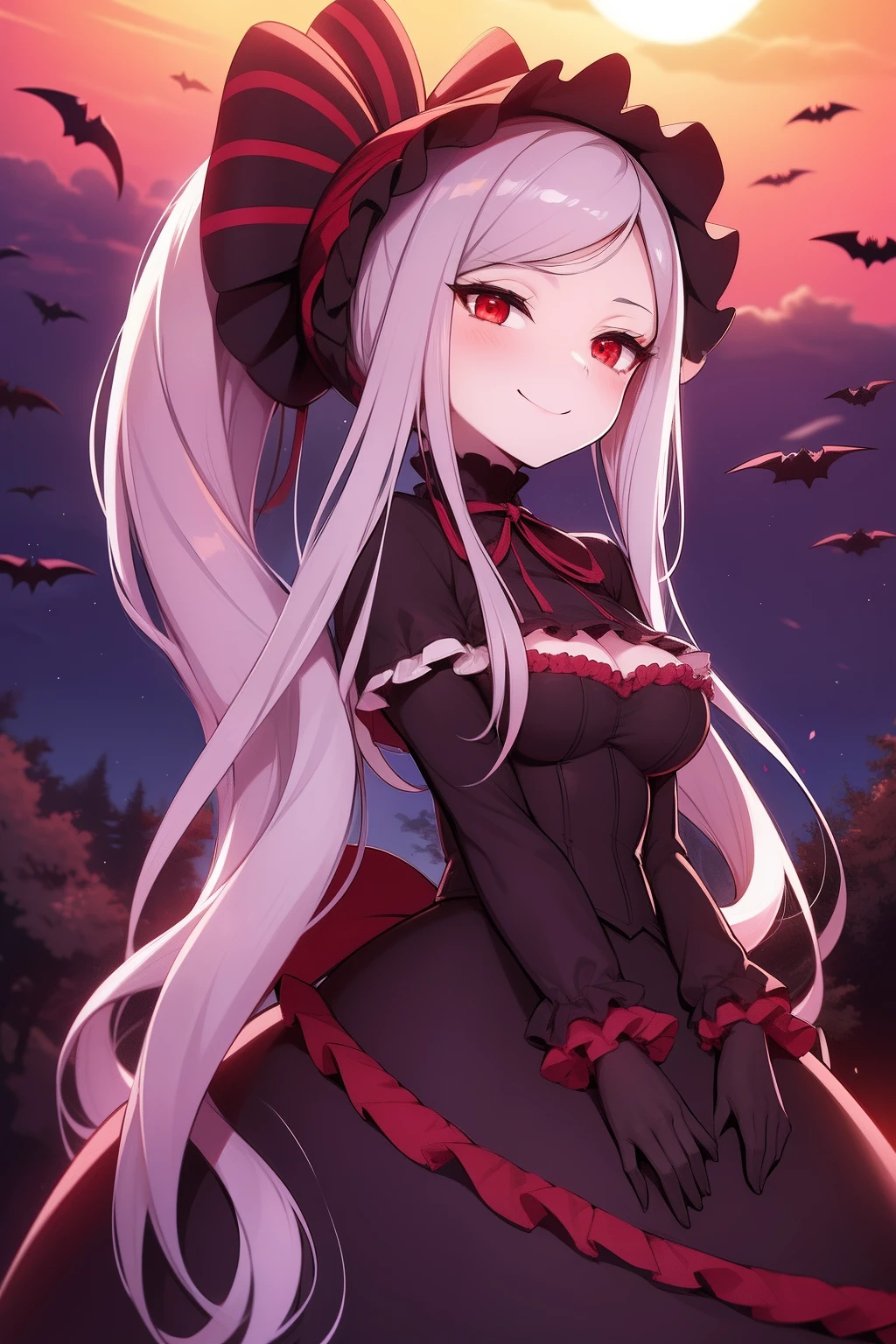 1girl, bat_(animal), bonnet, cloud, cloudy_sky, commentary, dress, forest, frills, from_below, full_body, gothic_****ta, gown, ****ta_fashion, long_hair, looking_down, moon, nature, night, overlord_(maruyama), pale_skin, ponytail, red_eyes, red_moon, ribbon, shalltear_bloodfallen, silver_hair, sky, smile, tree, vampire, very_long_hair, wasabi60