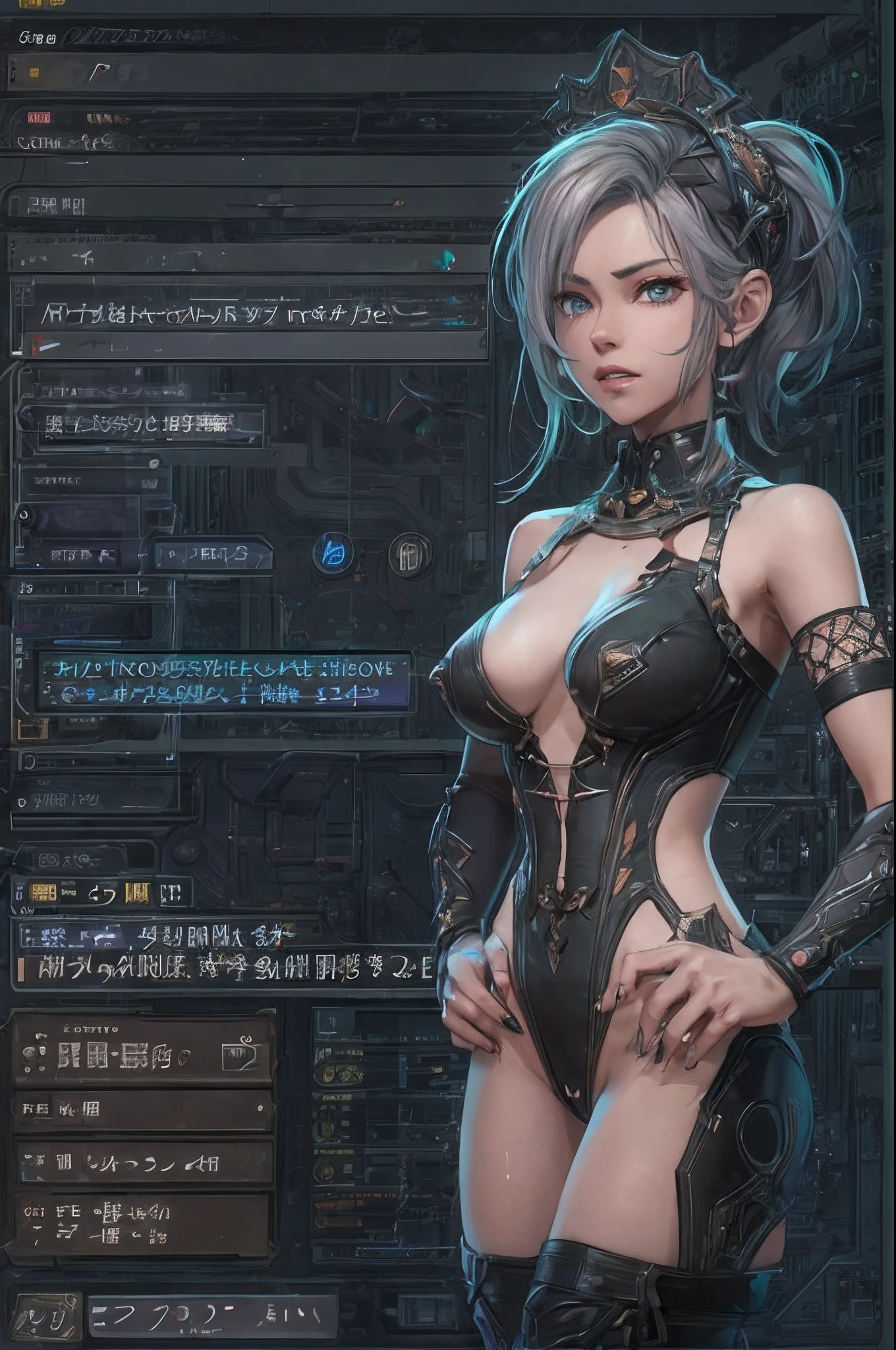 nsfw,a close up of a woman in a outfit standing in front of a screen, a screenshot by Josetsu, polycount, process art, pc game with ui, full character, main character, in game, 8 k character details, leaked image, in-game, in - game, inventory item, screencapture, hd screenshot, new character, ingame image