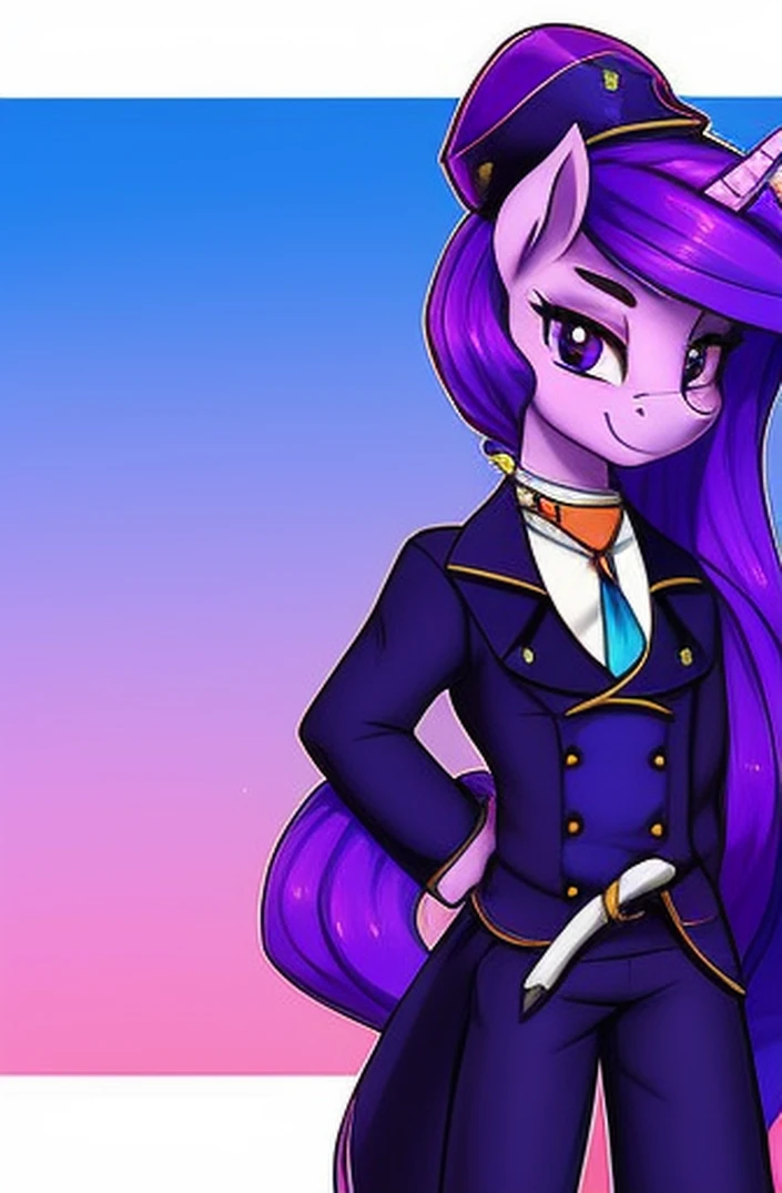Licorne, Capitaine pirate, risky, sourire, sur un navire, femelle, couleur violette, long mane in three shades of blue that ends in a ponytail, Tenue de pirate, chapeau de capitaine pirate. Make her outfit more dark purple. my little pony