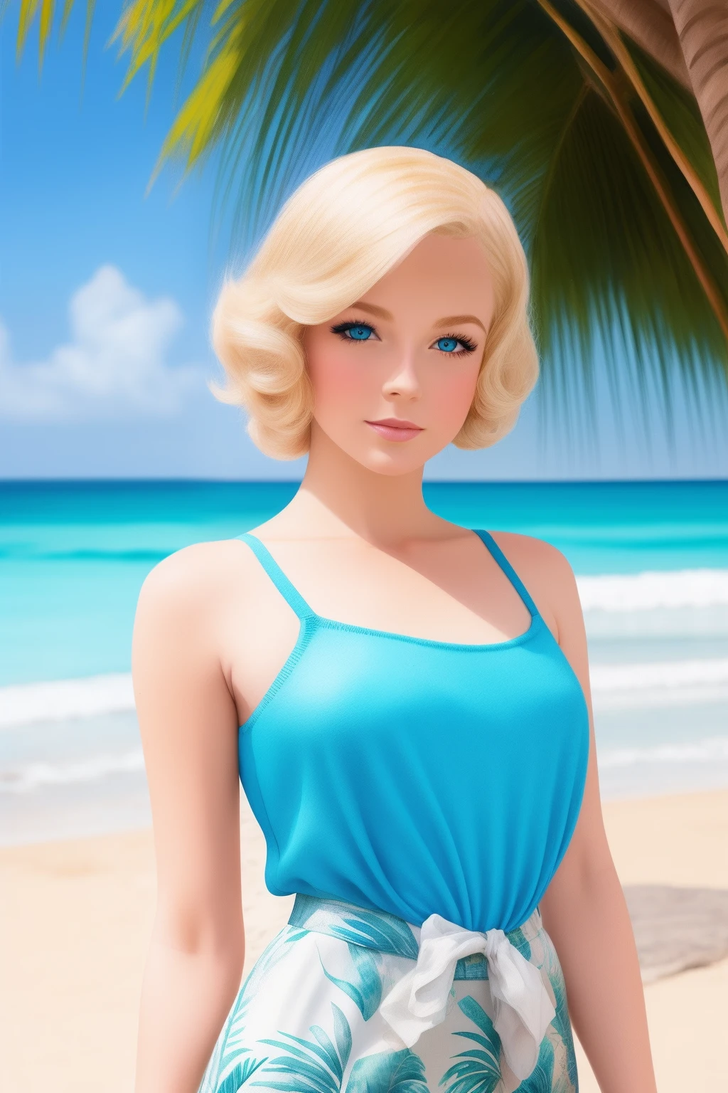 Vintage watercolor of a beautiful woman with blonde hair and blue eyes, very similar to Martine Carol, wearing a French blue pin-up style short jumper, in front of a tropical beach. Full body image.