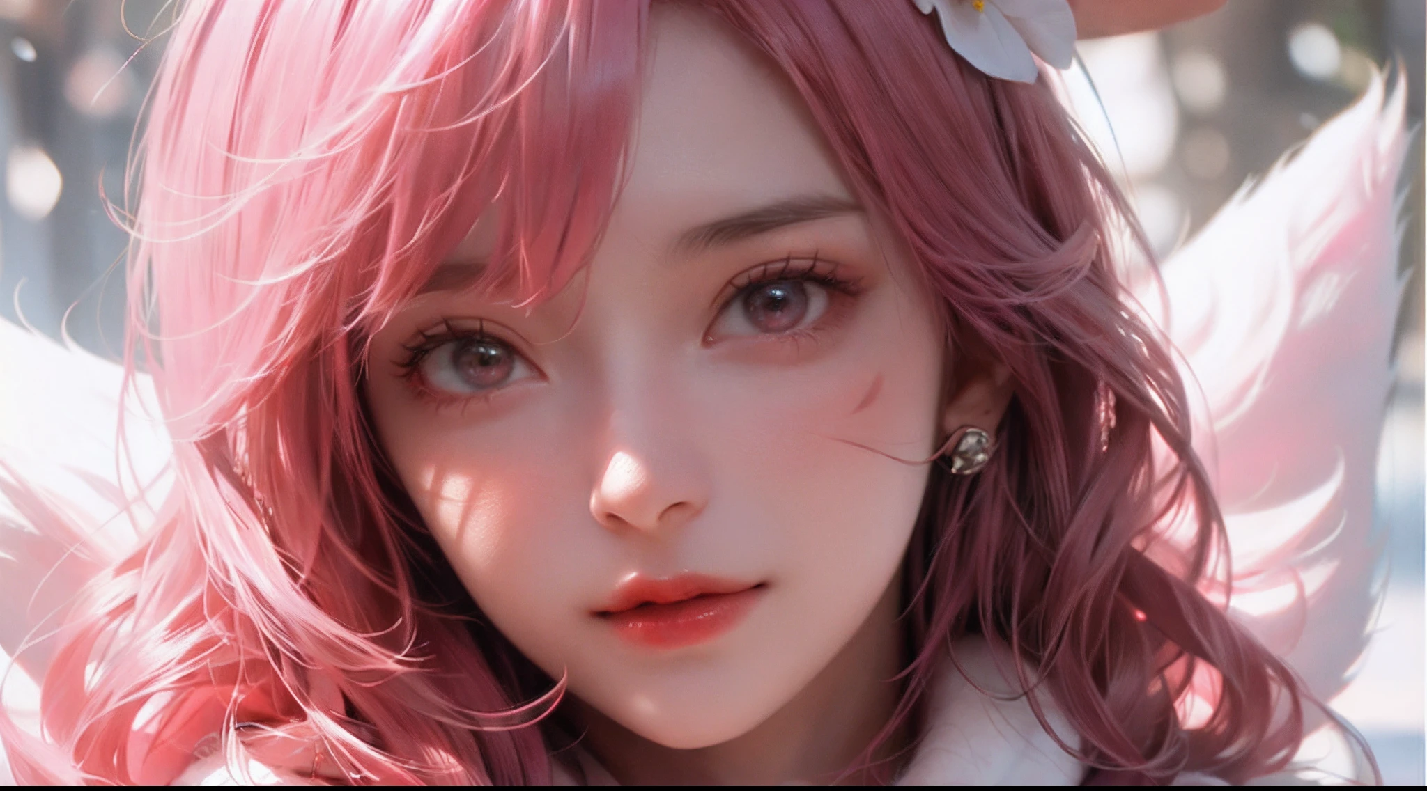 （closeup cleavage：1.4），
（RAW photogr：1.2），（realisticlying：1.4），（tmasterpiece：1.3），（best qualtiy：1.4），dream magical，（Detailed eyes），（detailedfacialfeatures），（detailed clothes features），skin tight，（shiny skins），（slender girl），1girll，（（full bodyesbian）），独奏，adolable，smlie，（mediuml breasts），By bangs，hair straight，long whitr hair，Pink hair，eBlue eyes，Red crystal pendant， Long blue scarf，White long wool coat，snowfield